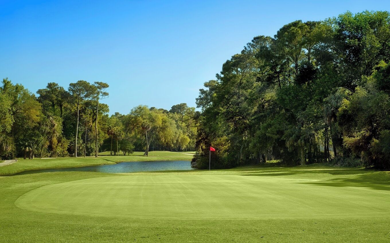 Een golfbaan met een vijver, omringd door bomen en een heldere lucht.