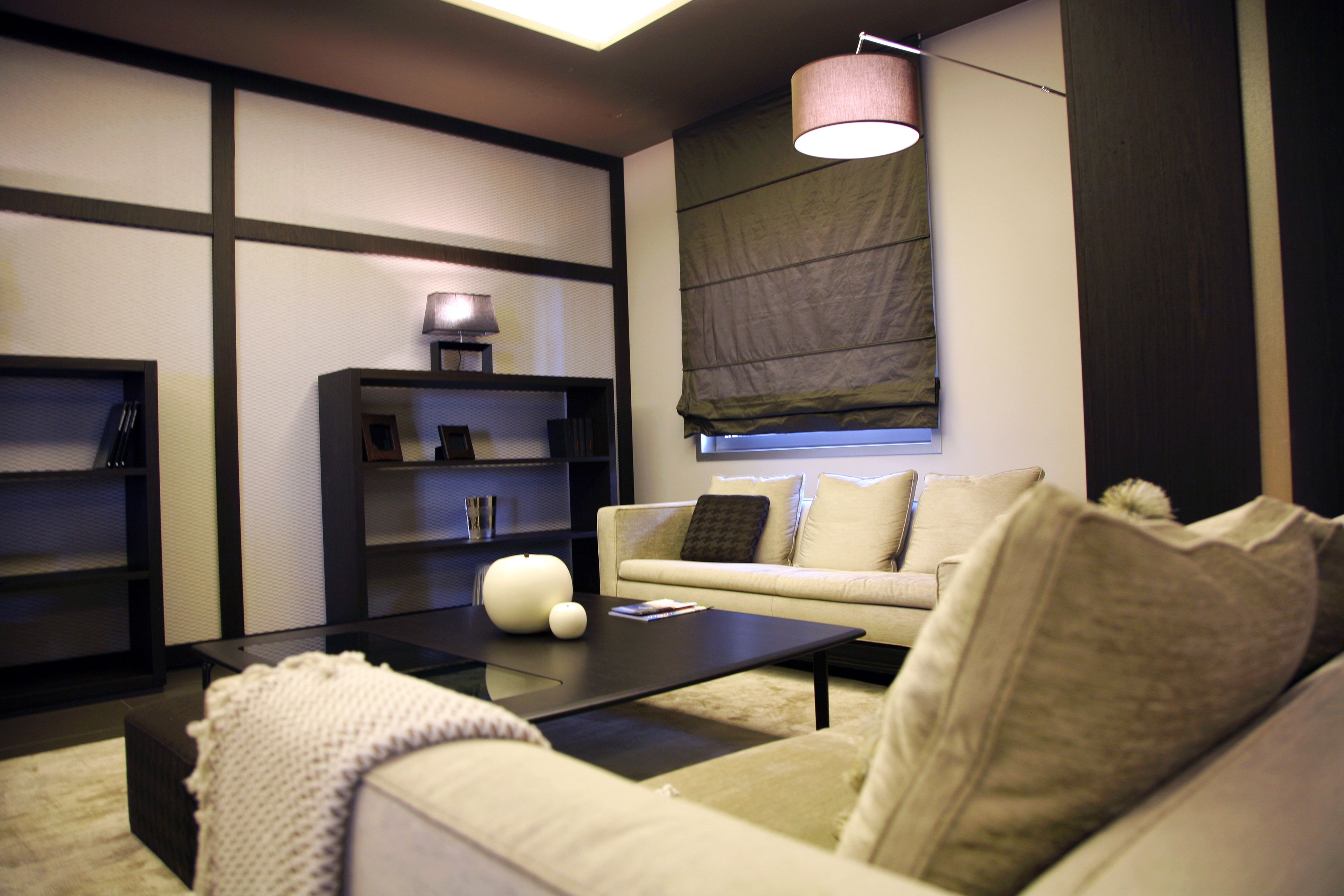 Una sala de estar moderna con sofá, mesa de centro y estanterías.