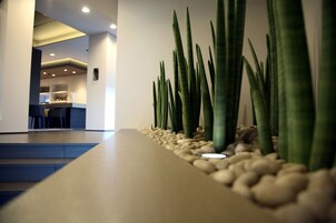 Un área de recepción con una larga barra, piedras y altas plantas verdes.