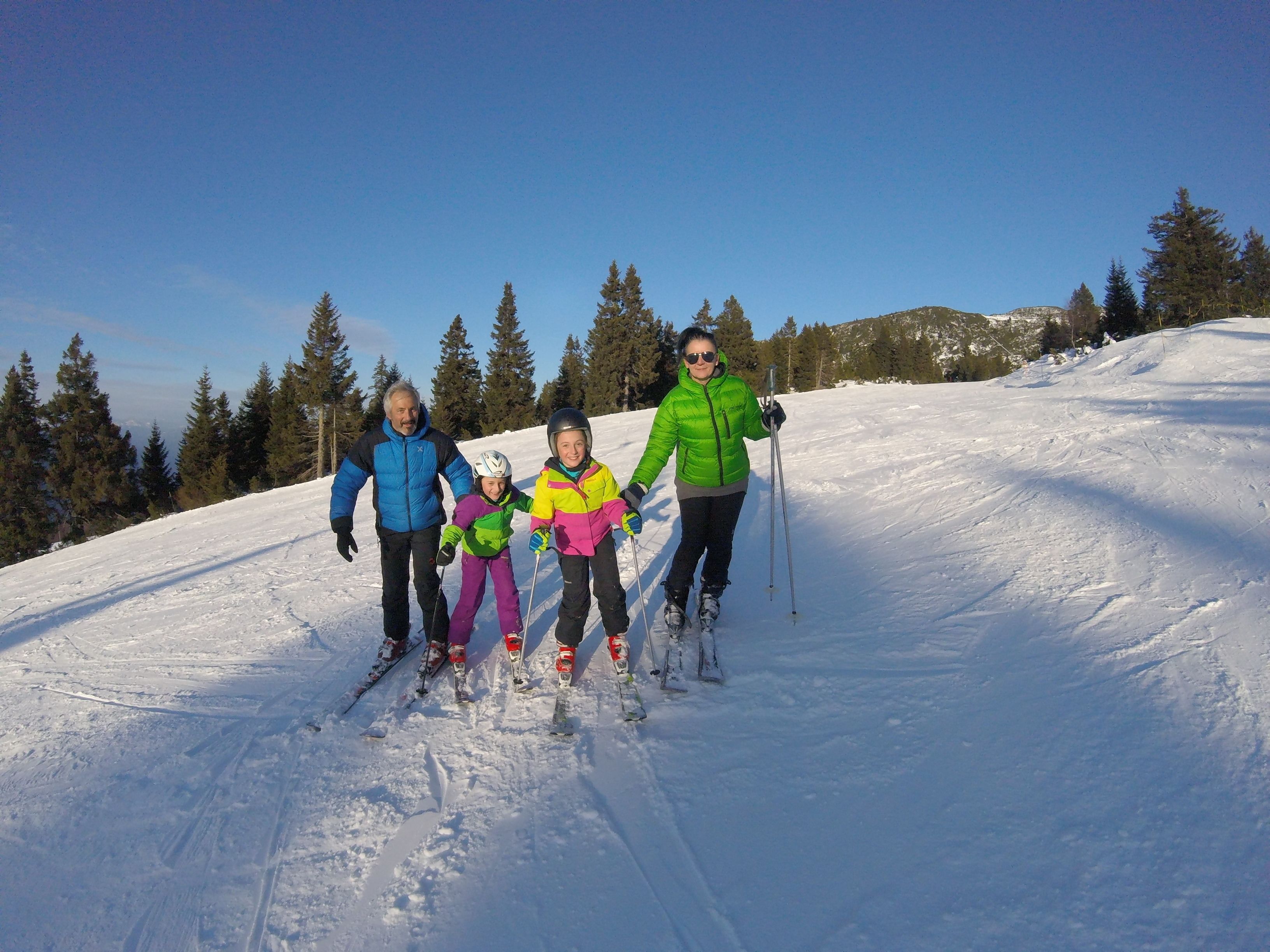 A group of people skiing on a snowy slope with trees in the background.