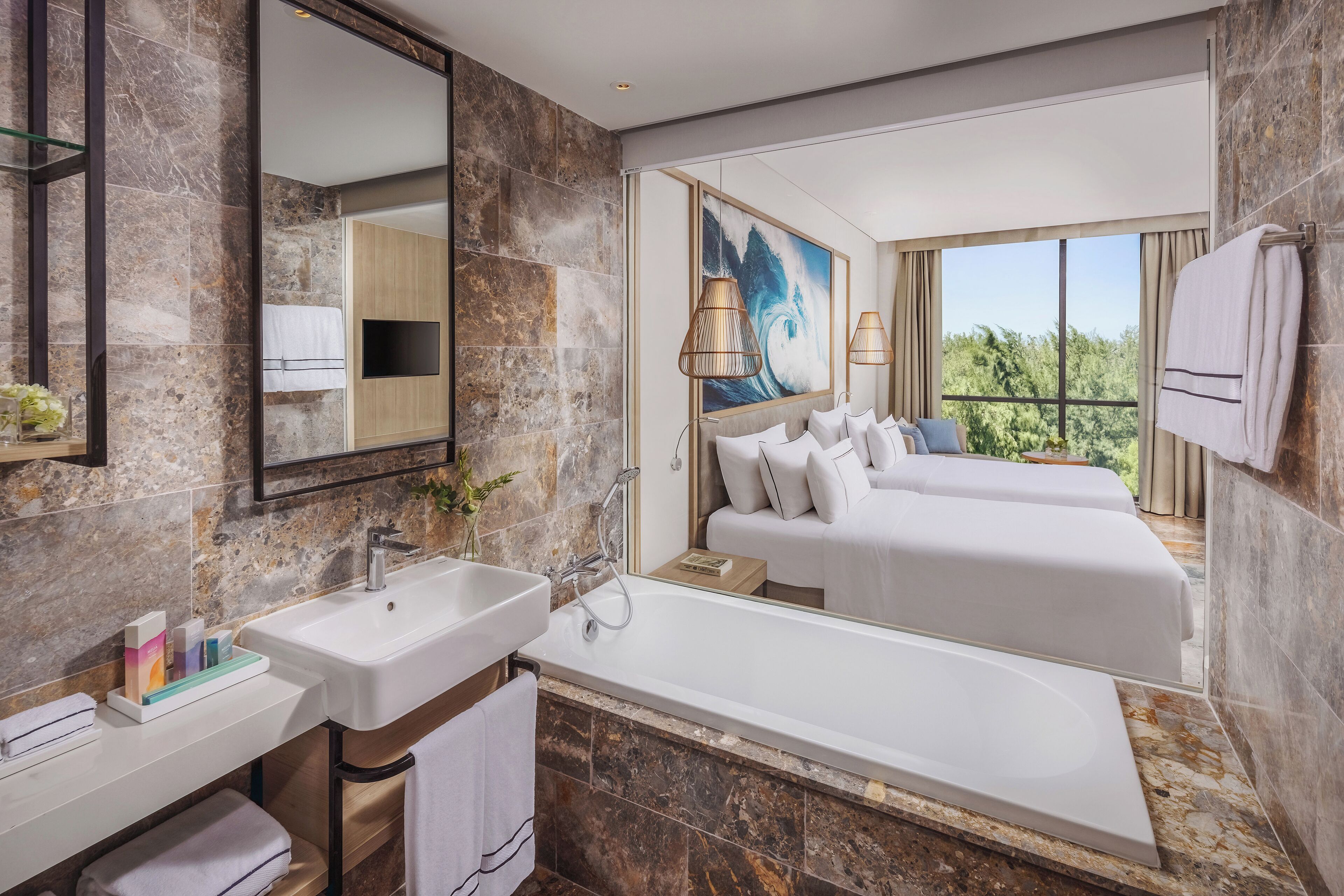 deluxe room, ocean view | bathroom | eco-friendly toiletries, hair dryer, bathrobes, slippers