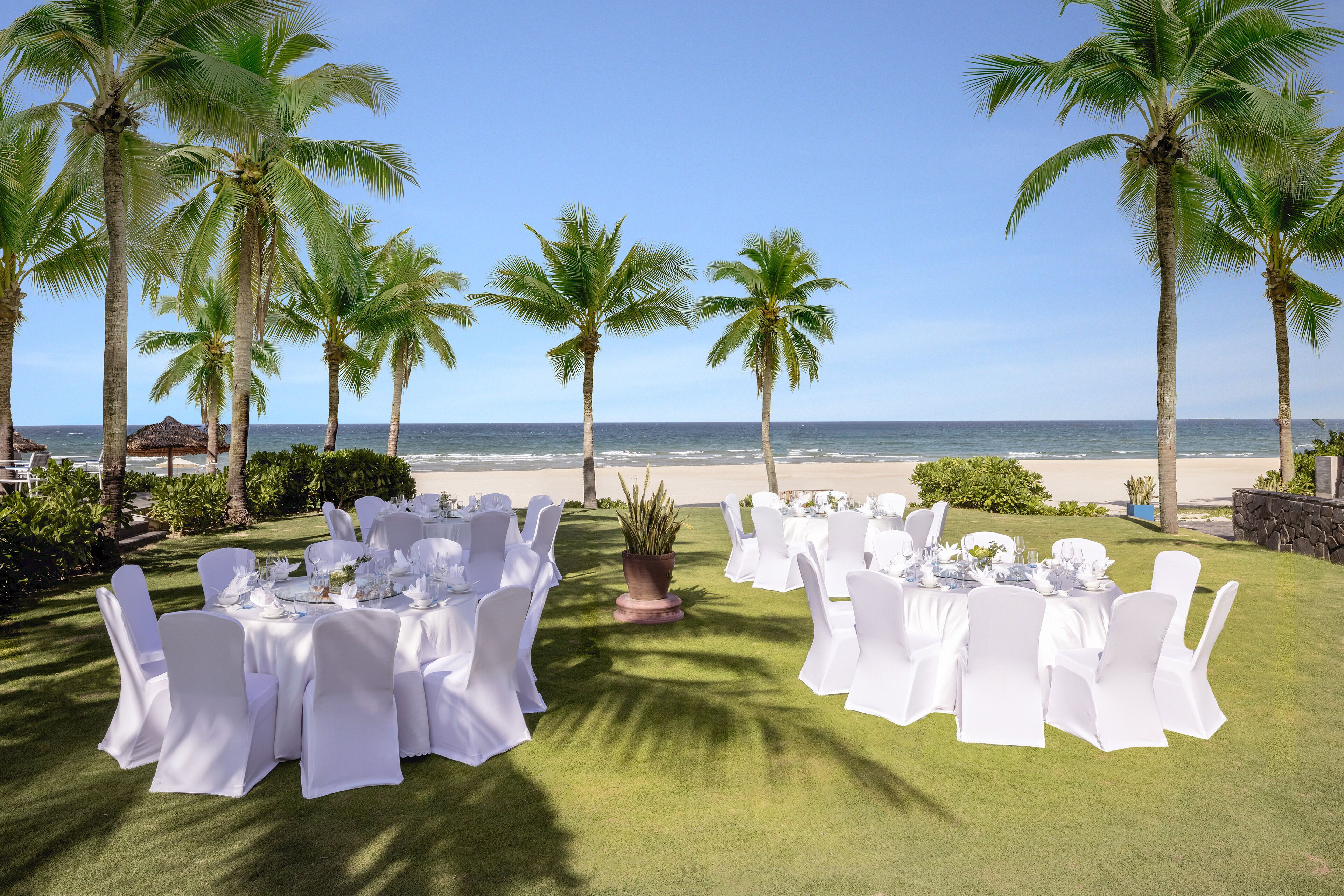 An outdoor wedding setup with white tables and chairs, palm trees, and a view of the ocean.