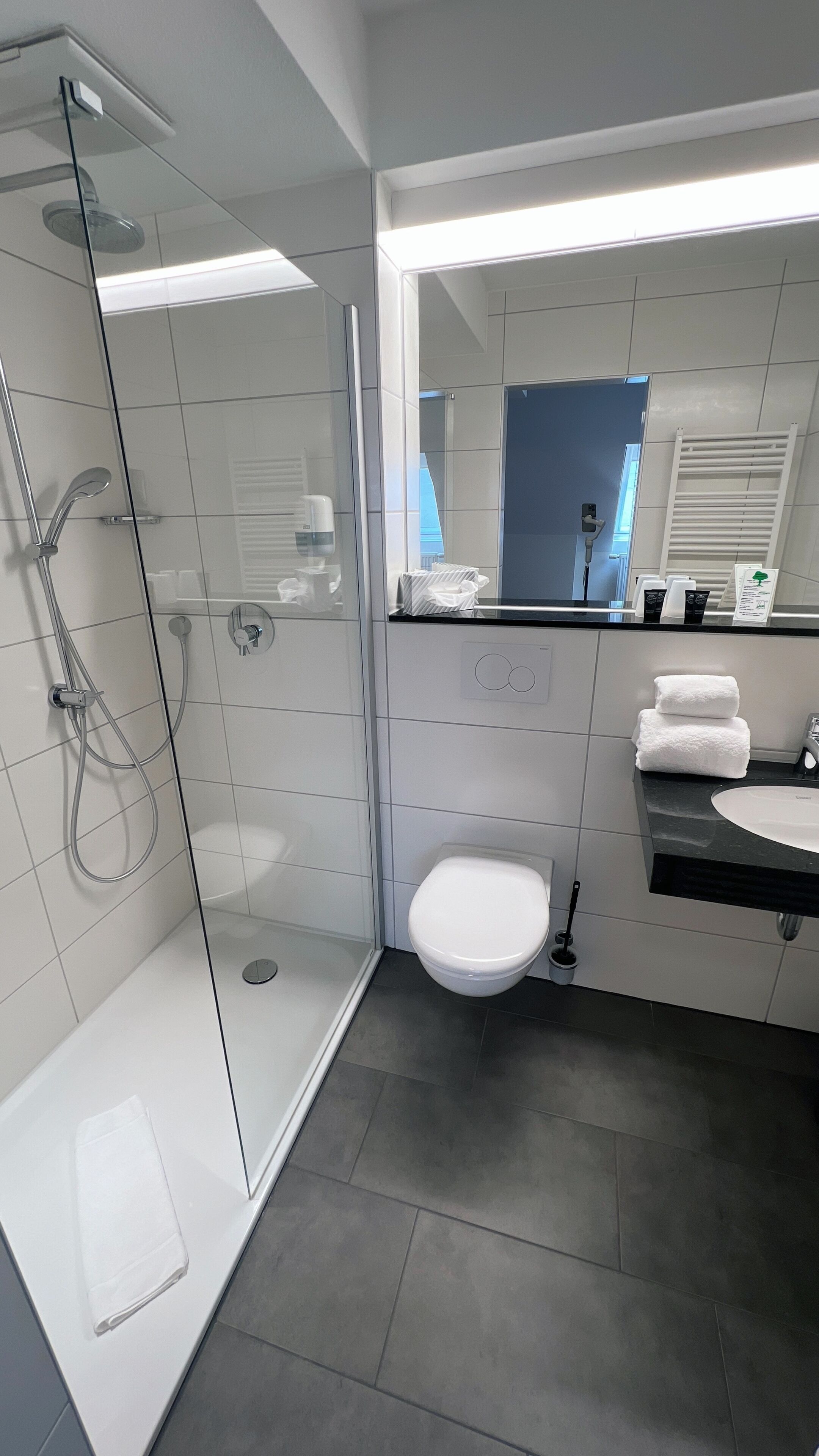 A modern bathroom with a glass-enclosed shower, a white toilet, and a vanity with a sink and towel rack.