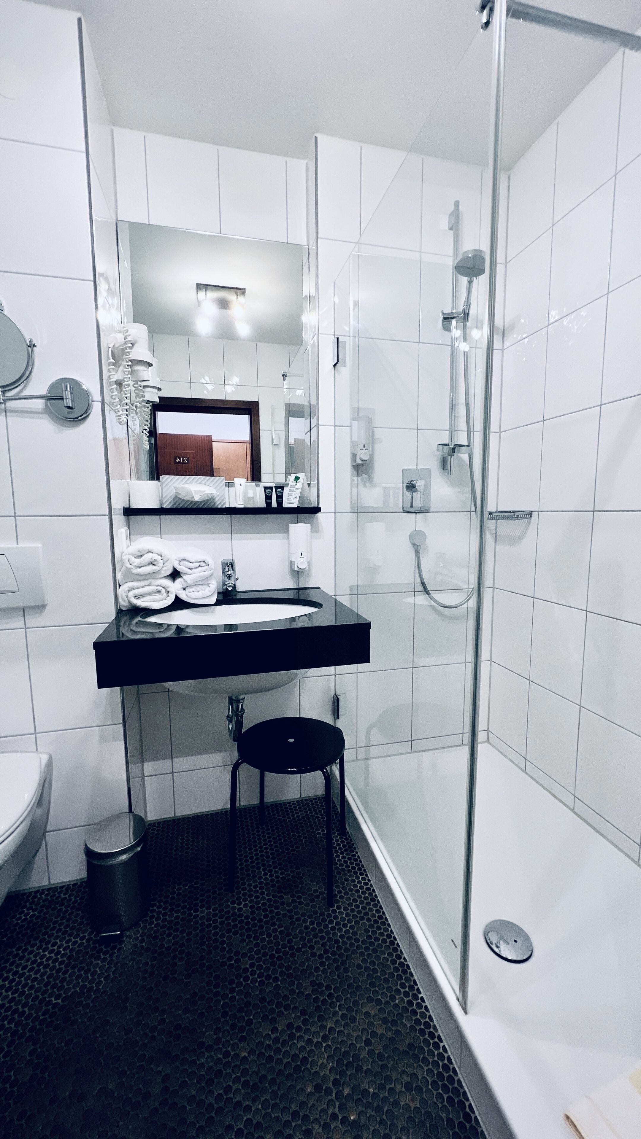 Un baño moderno con ducha de vidrio, lavabo negro y espejo sobre el lavabo.