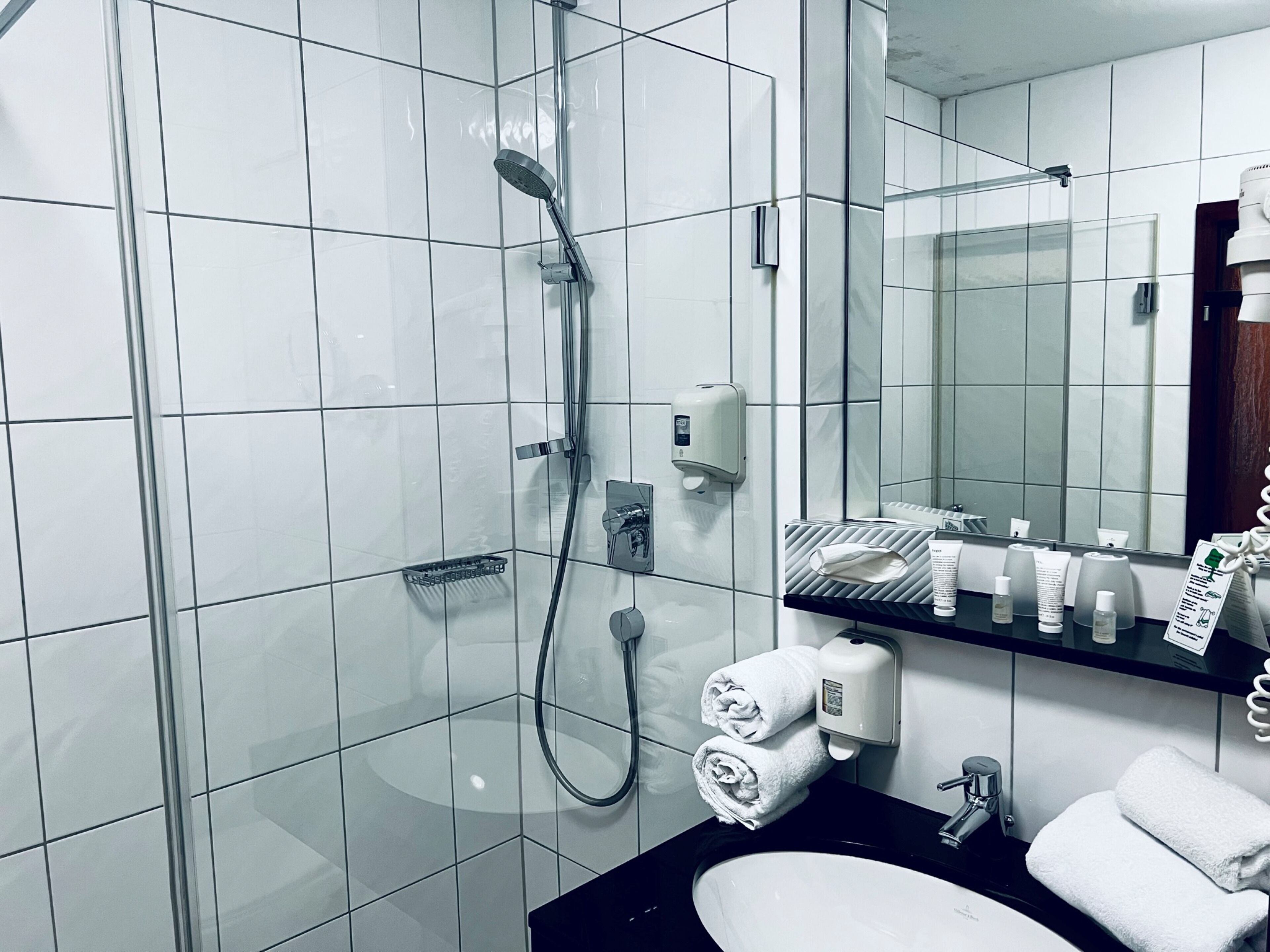 Une salle de bain moderne avec une douche à parois de verre, un lavabo avec un miroir et des articles de toilette rangés sur une étagère.