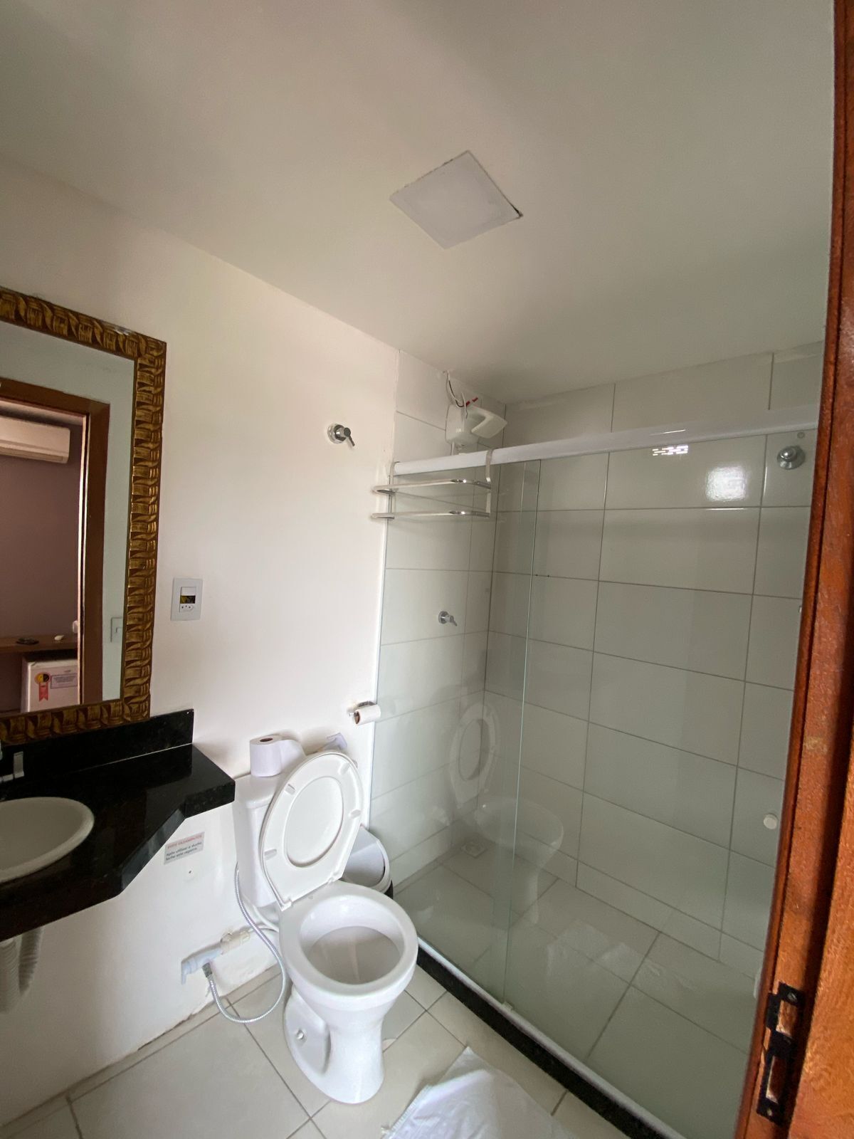 A bathroom with a toilet, sink, and glass-enclosed shower stall.