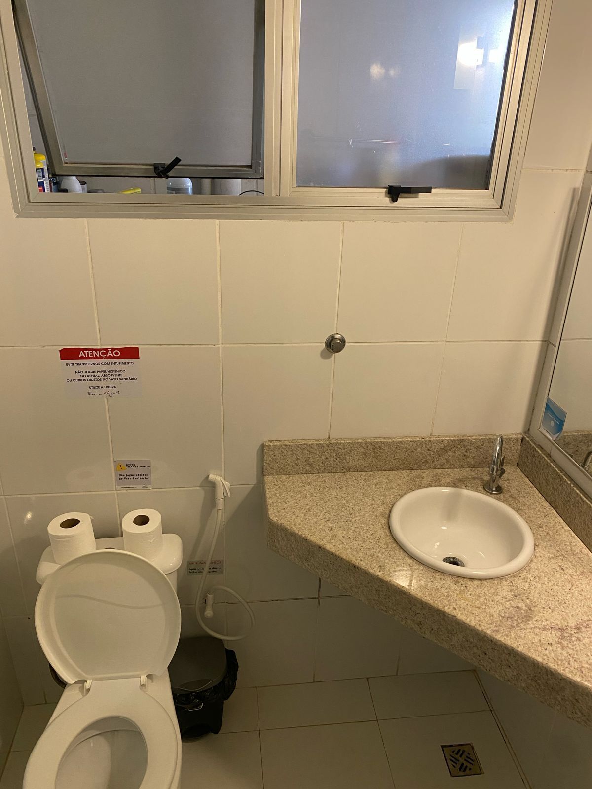 A bathroom with a toilet, sink, and window.