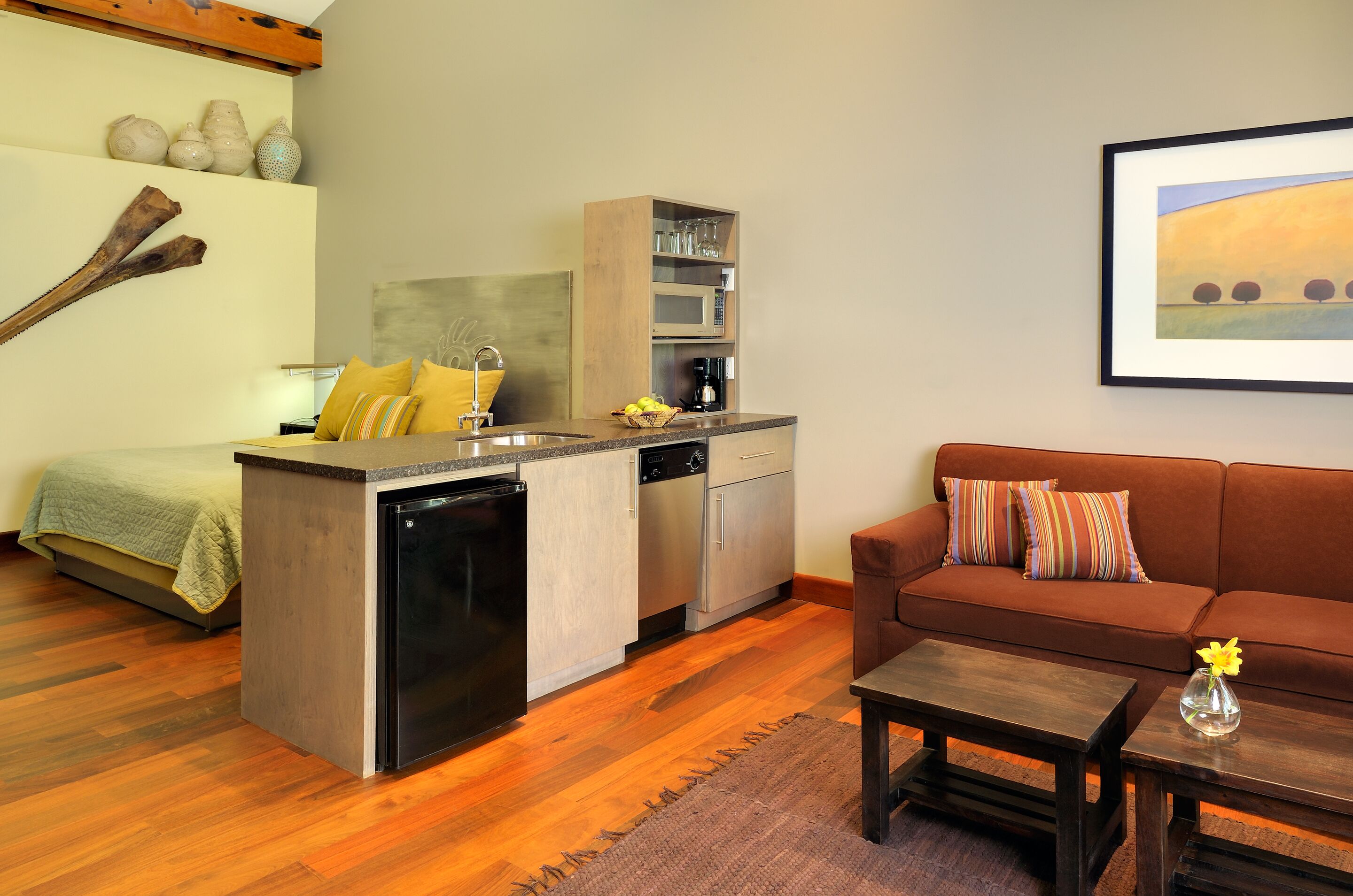 fridge, microwave, dishwasher, coffee/tea maker