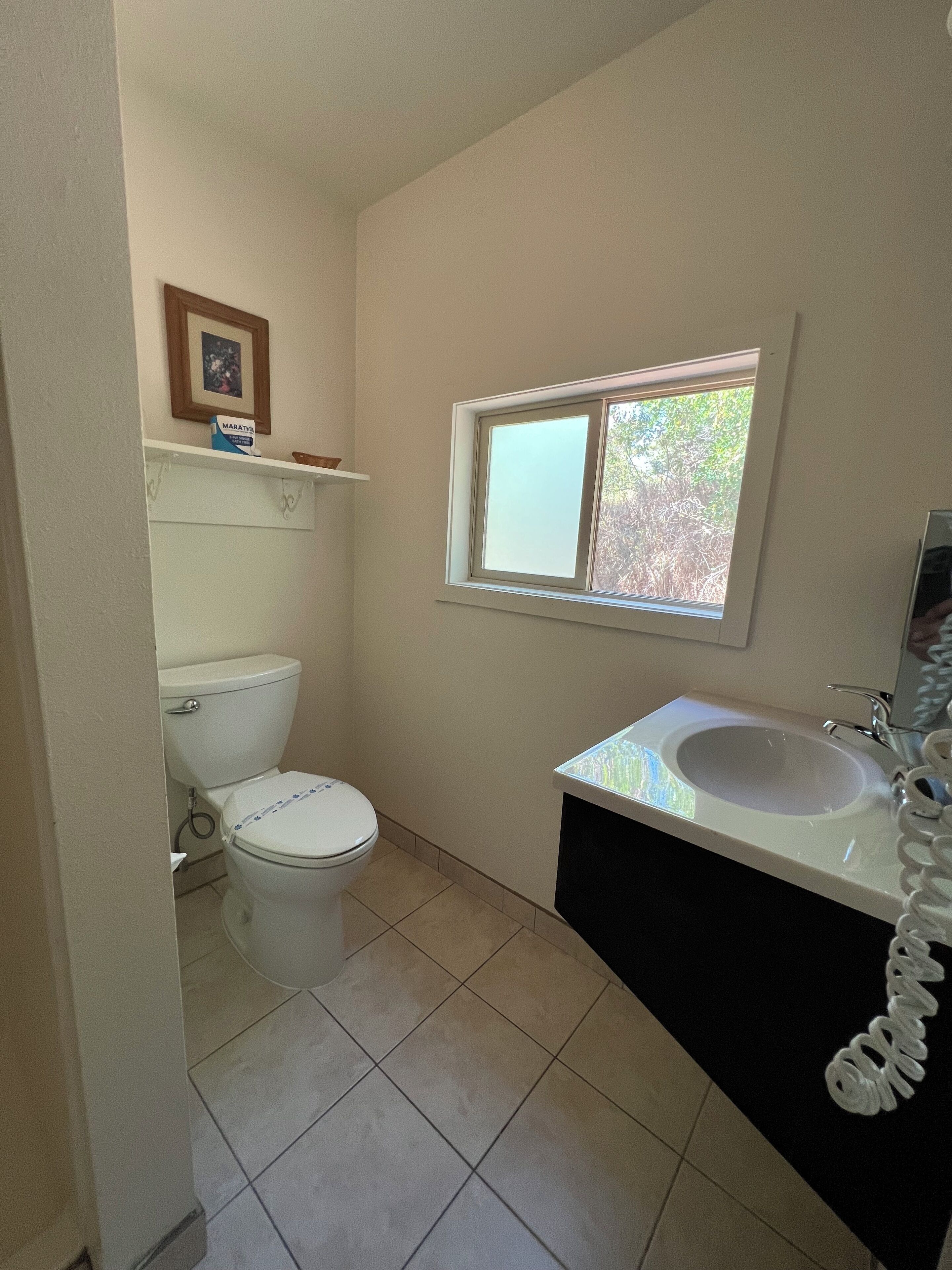 Ein Badezimmer mit Toilette, Waschbecken und Fenster.