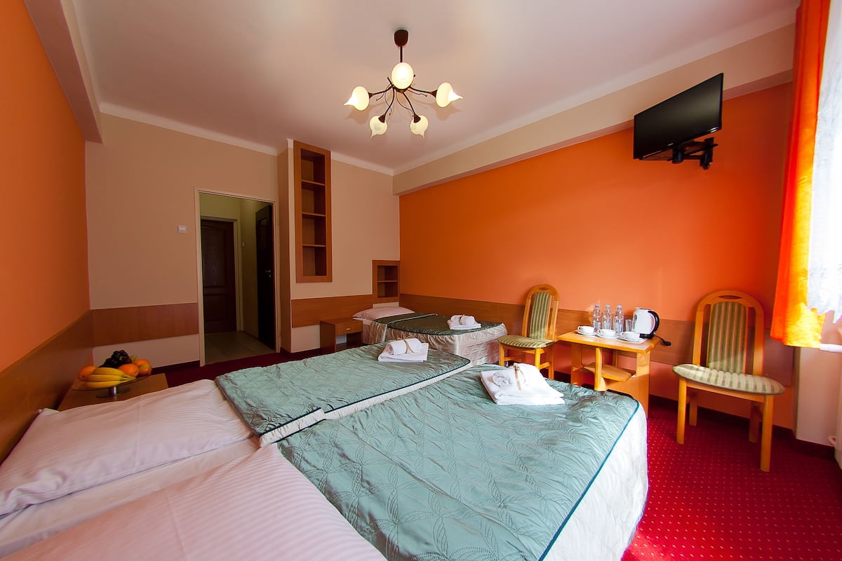 Hotellihuone, jossa on kaksi sänkyä, työpöytä tuolilla, televisio ja punainen matto.