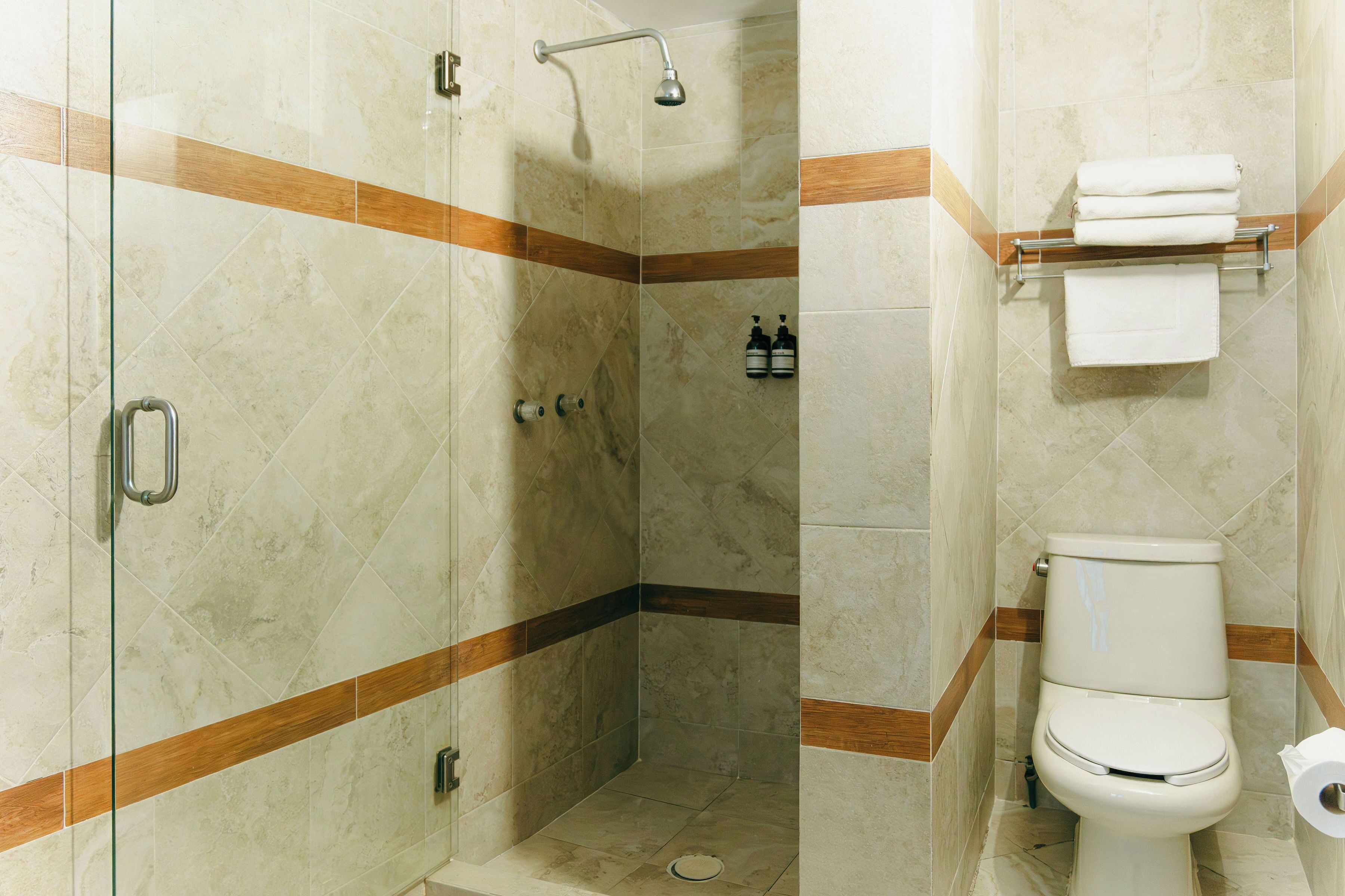 Un baño con ducha de vidrio, inodoro y perchero para toallas.