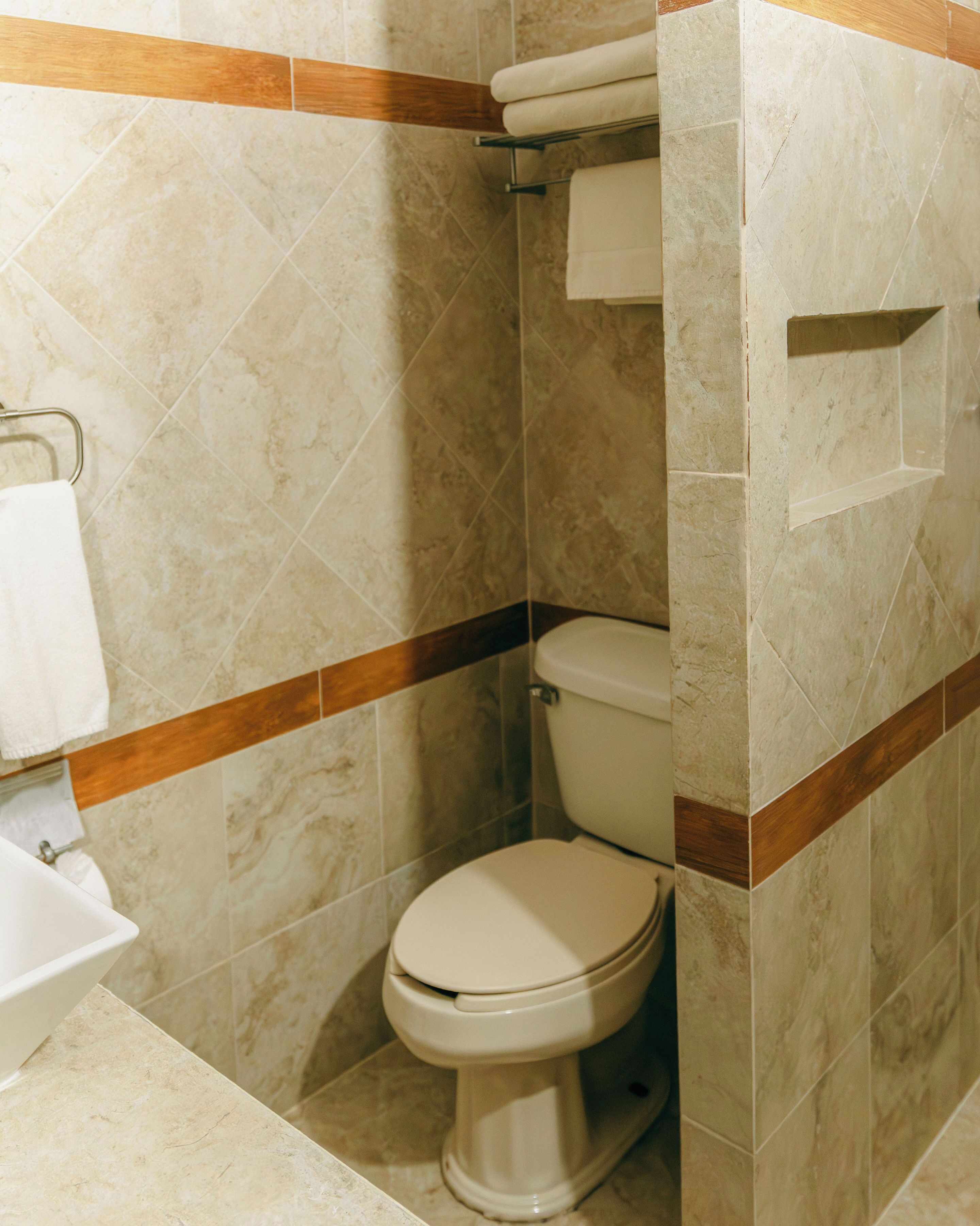 Un baño con inodoro, lavamanos y toallero.