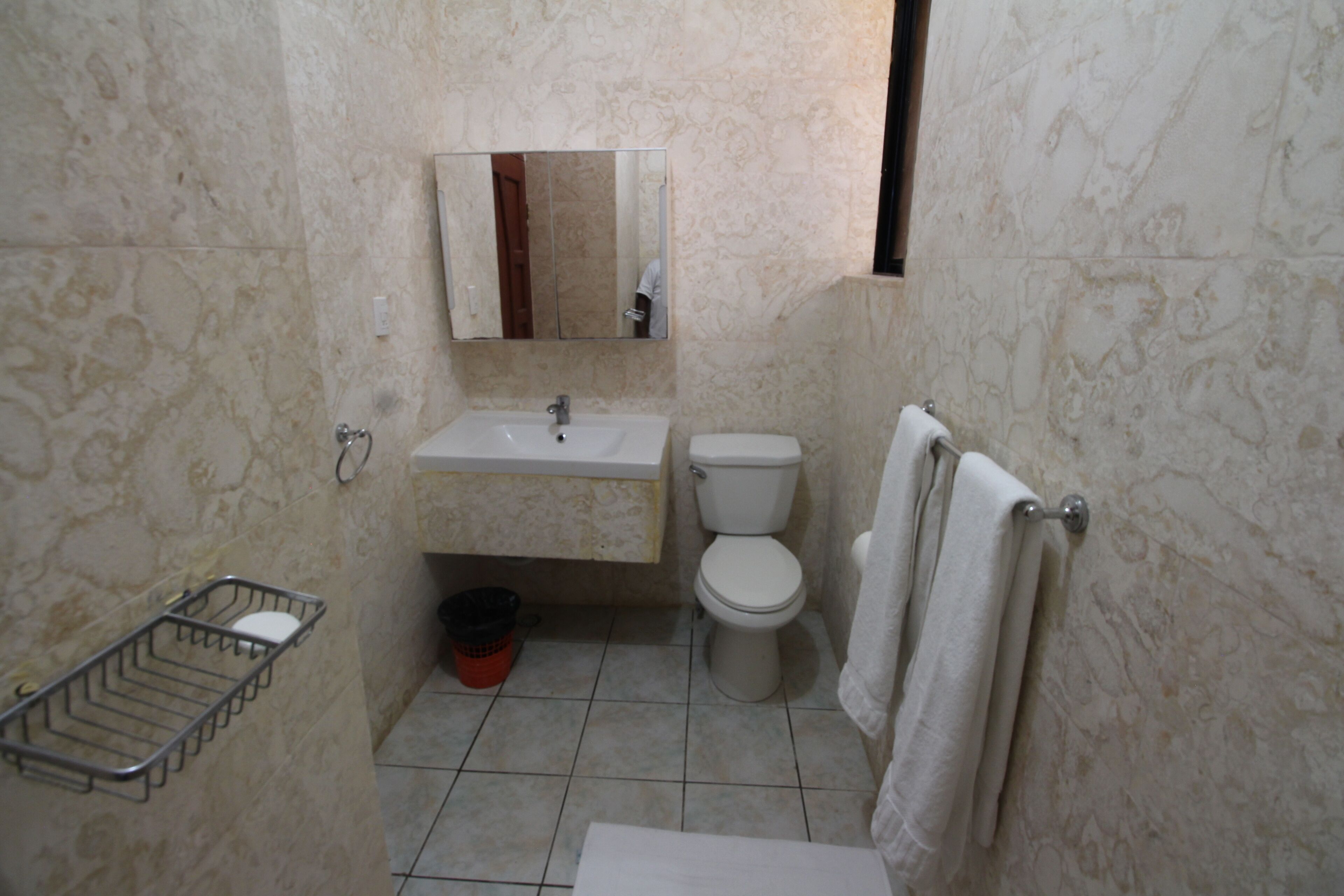 Une salle de bain avec un lavabo, des toilettes et un miroir.