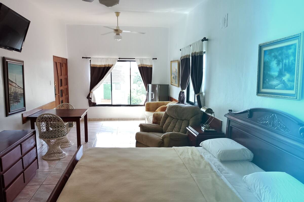 A hotel room with a bed, a desk, a chair, a sofa, and a television.