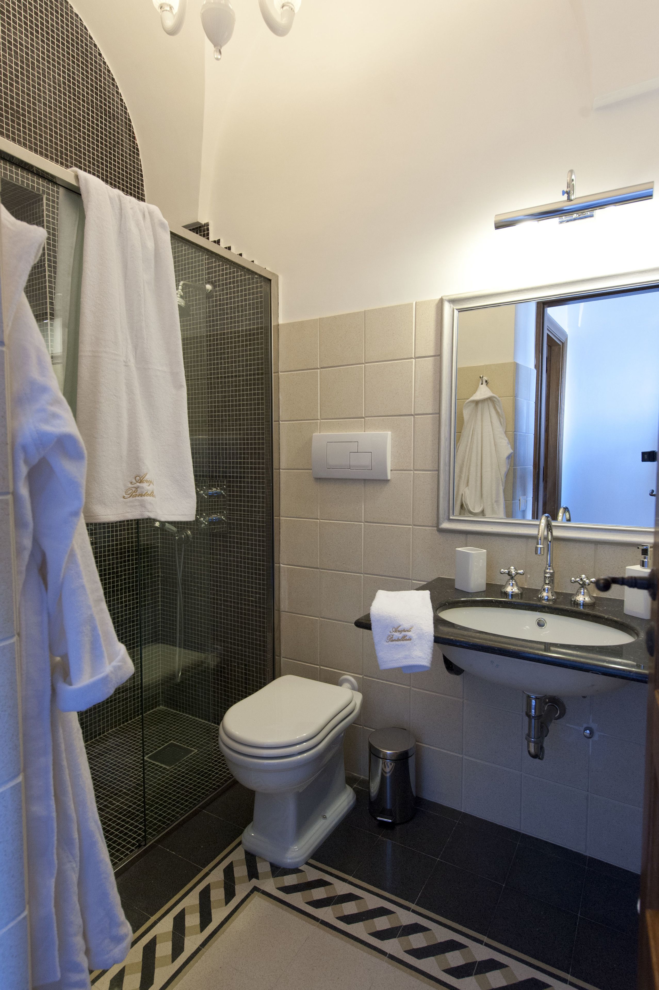 Une salle de bain équipée d’une douche, de toilettes, d’un lavabo et d’un miroir.