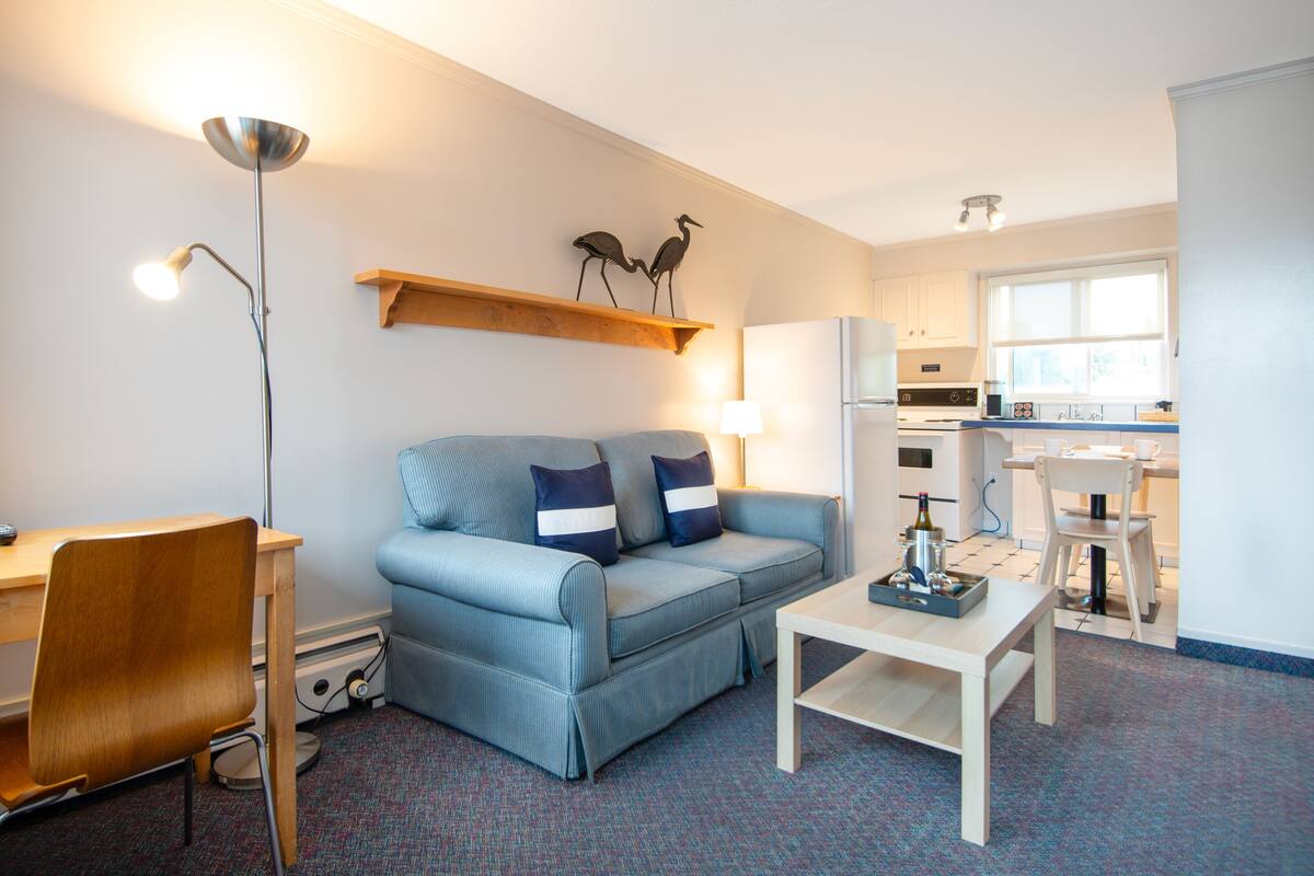 A compact living space with a sofa, a small table, a desk, and a kitchenette in the background.