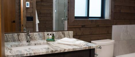 A bathroom with a marble sink, a toilet, and a window.
