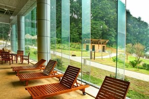 Un solárium con ventanas amplias, sillones de madera y vistas a un parque.
