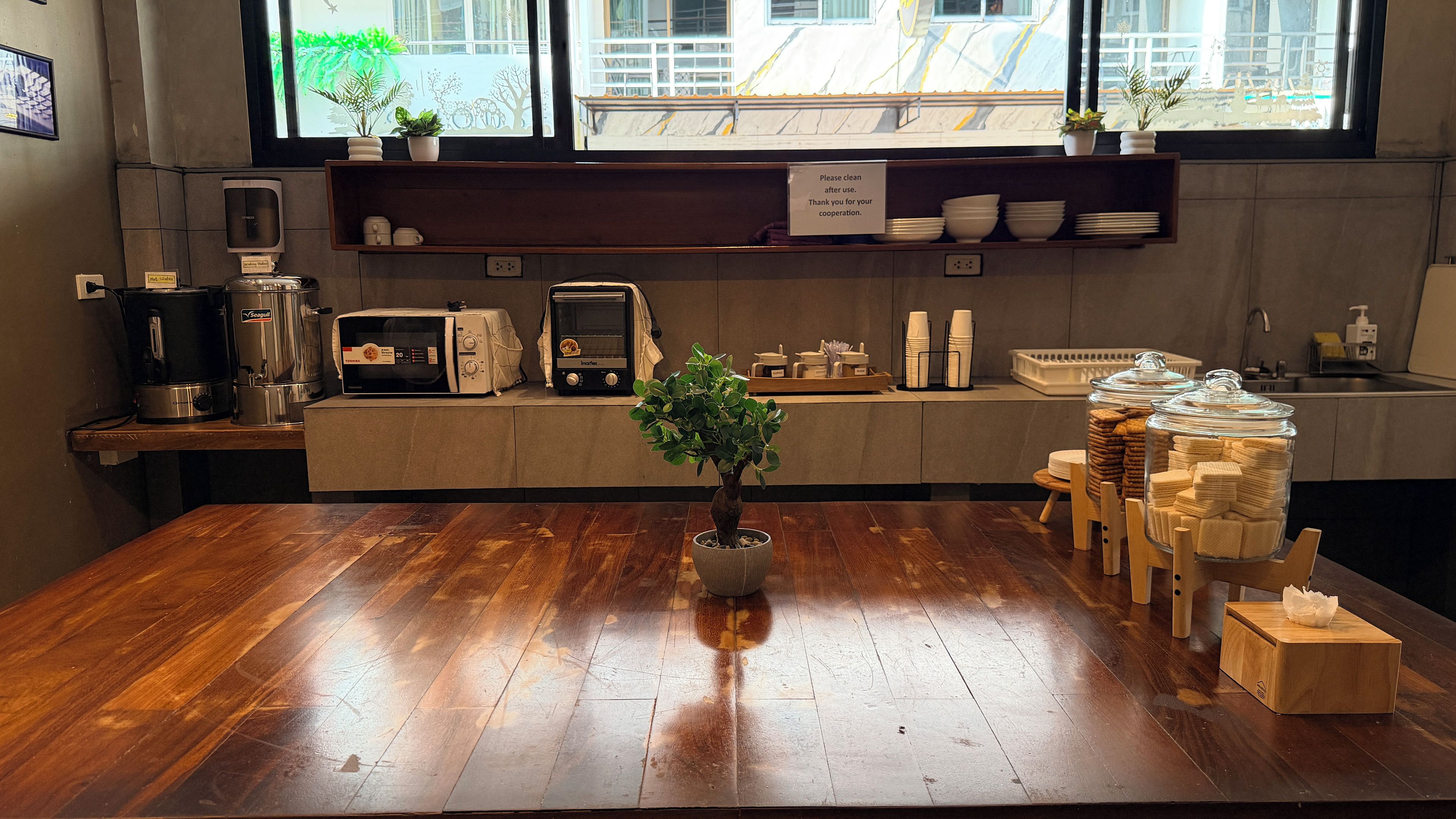 Une table en bois, sur laquelle se trouvent un pot de plante, un four à micro-ondes et une machine à café.