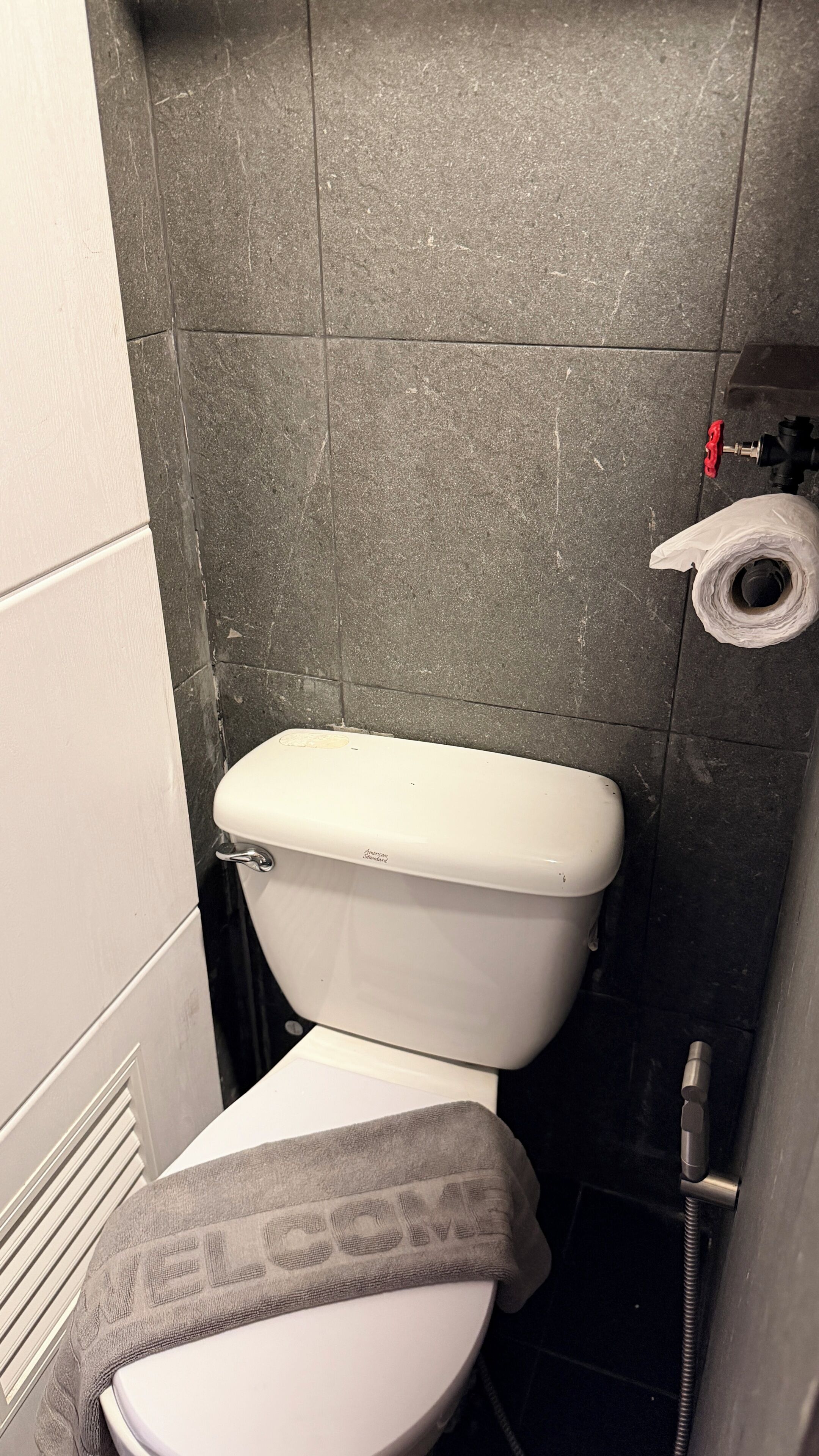 A small bathroom with a white toilet, a towel on the seat, and a toilet paper holder on the wall.