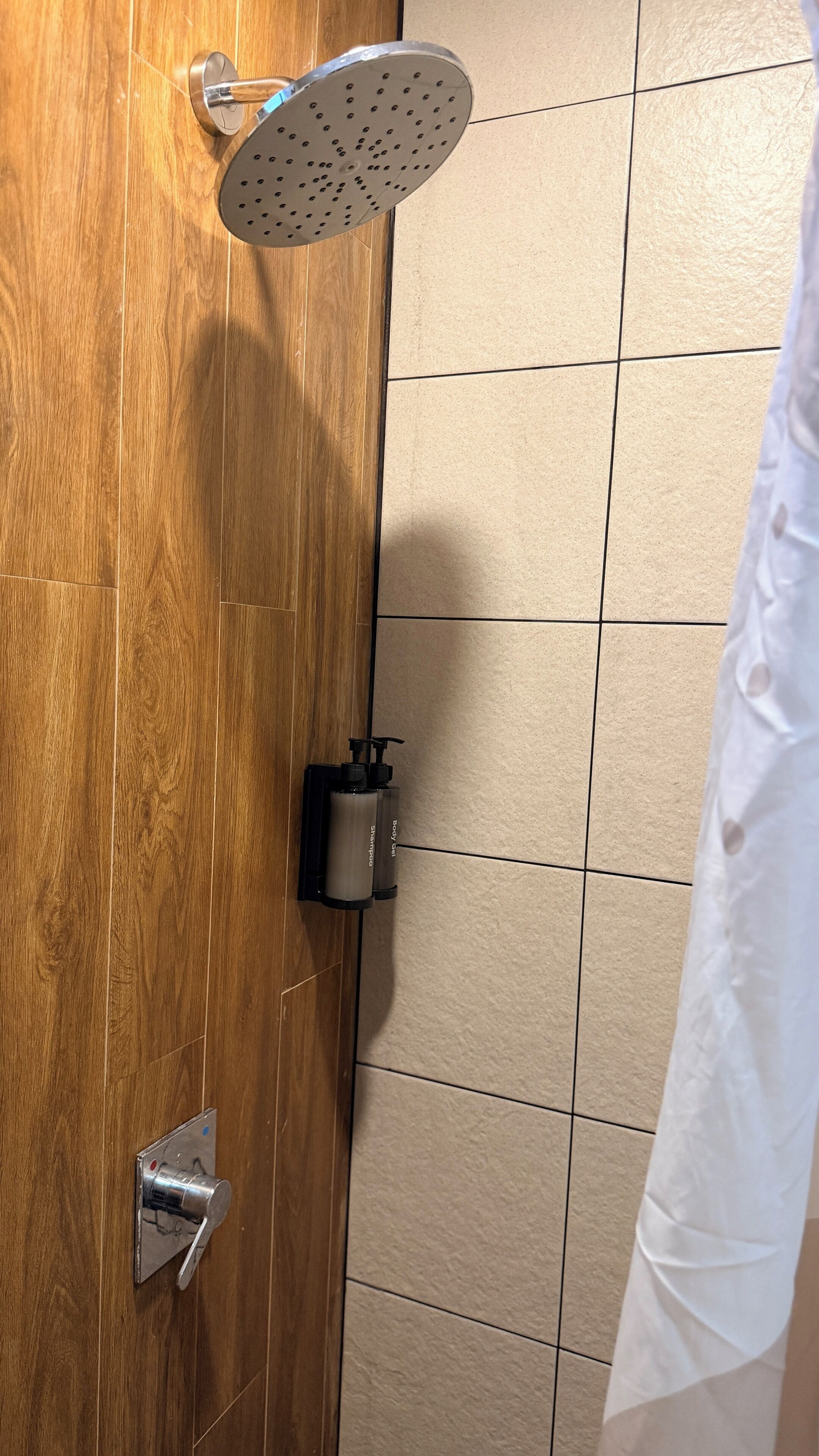 Une douche équipée d’un pommeau de douche à main, d’un distributeur de savon et d’un panneau de commande.