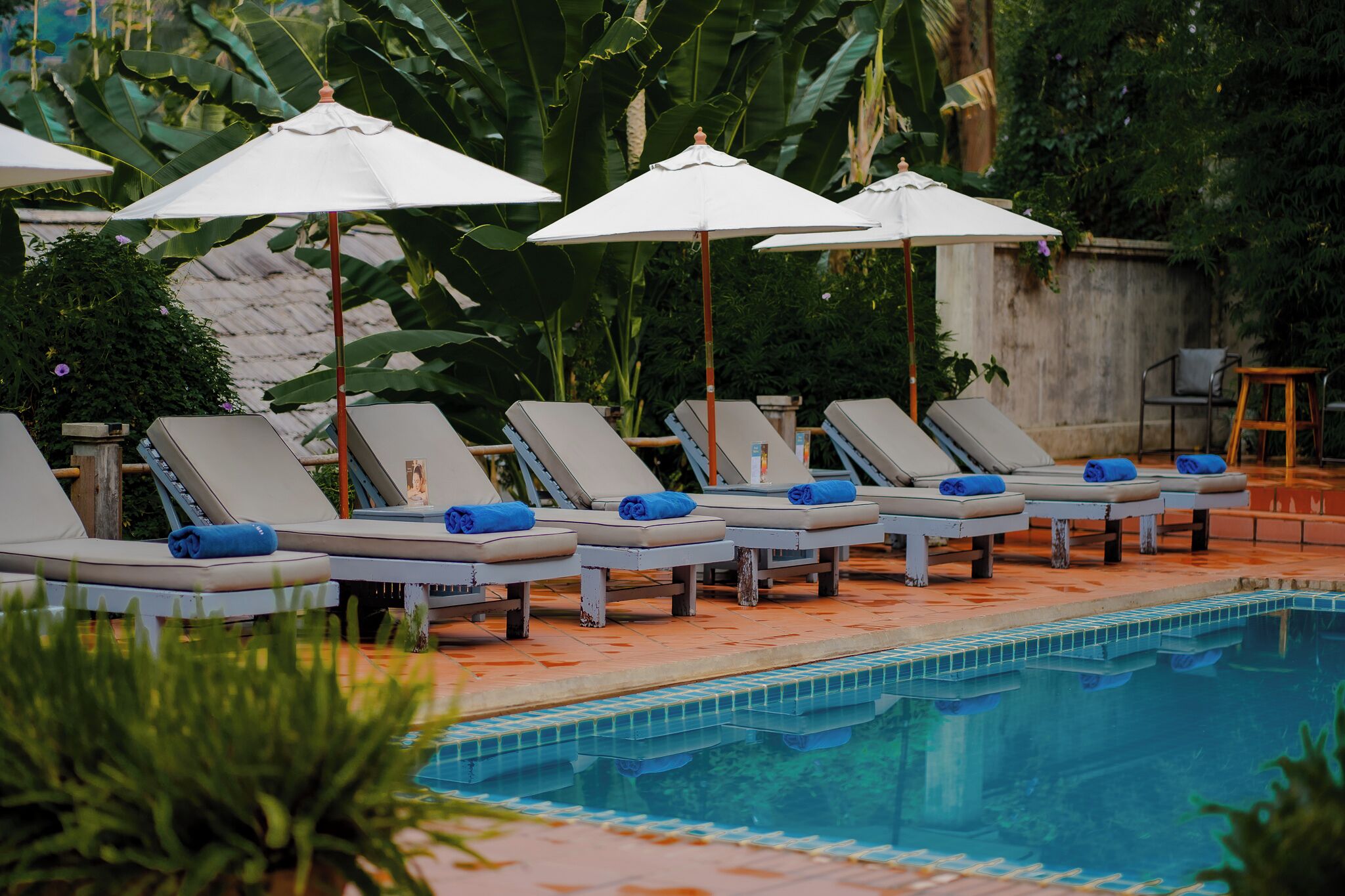 Zona junto a la piscina con sillones de descanso y sombrillas, rodeada de exuberante vegetación.