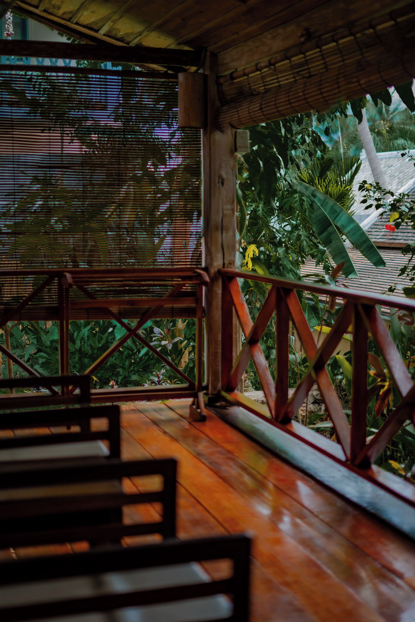A wooden deck with a metal railing, surrounded by lush tropical vegetation.