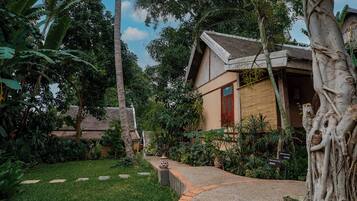 Una casa con techo inclinado, rodeada de abundante vegetación y un camino de piedra.