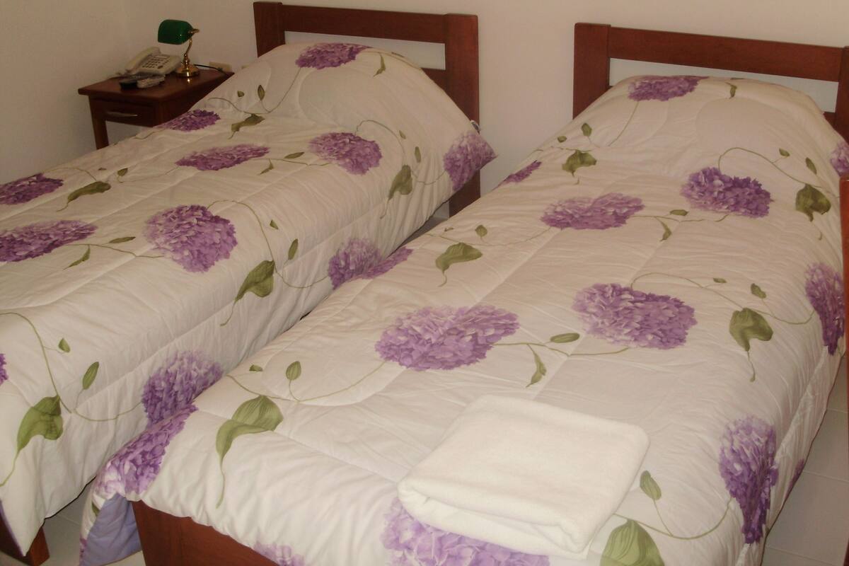 Two single beds with floral bedding, a bedside table with a lamp, and a telephone.