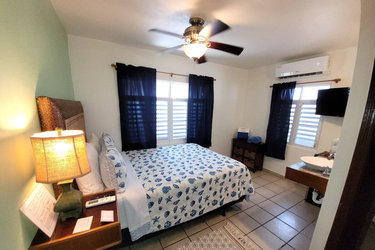 A bedroom with a bed, a nightstand, a lamp, a ceiling fan, a window with curtains, an air conditioning unit, and a bathroom with a sink and mirror.