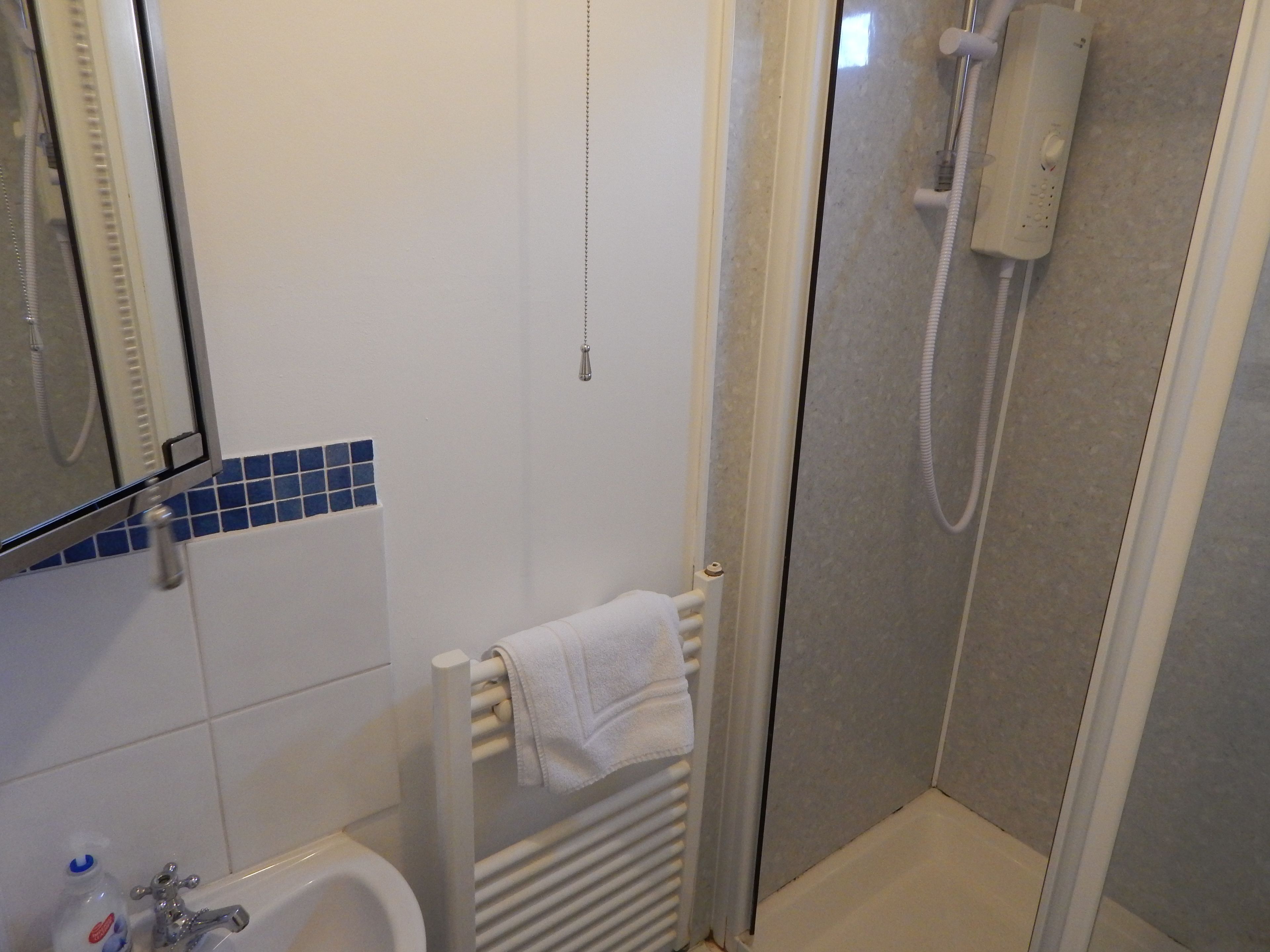 A bathroom with a bathtub, a shower, a toilet, and a towel rack.