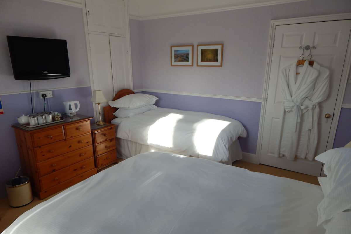 A bedroom with a large bed, a dresser, a television, and a door with a robe hanging.