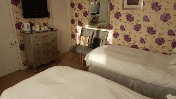 A bedroom with two beds, a dresser, a television, and a mirror.
