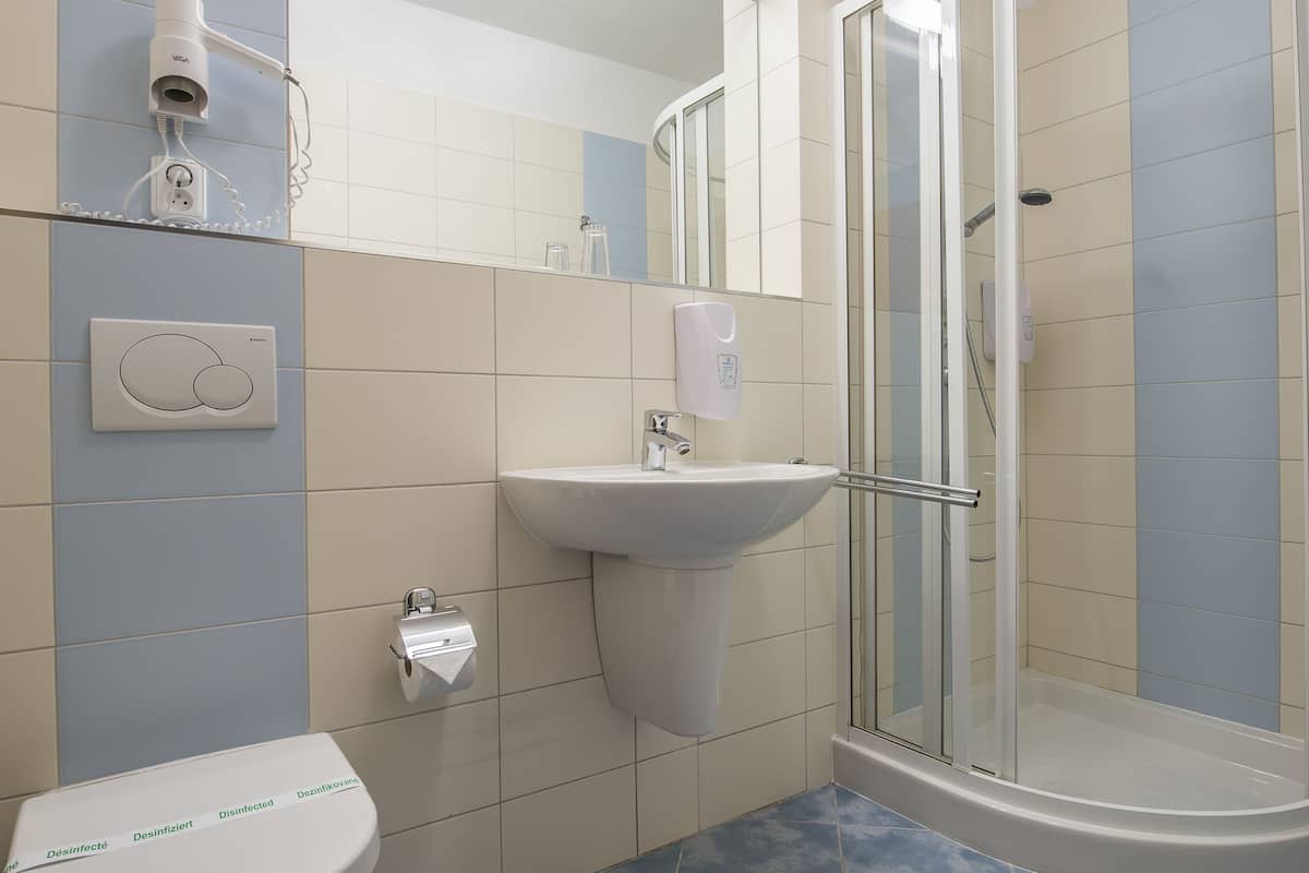 free toiletries, hair dryer, towels