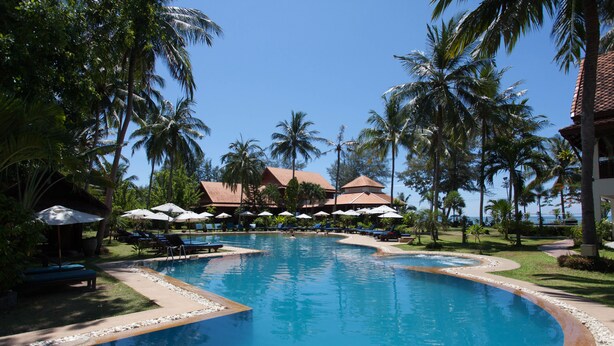 Outdoor pool, pool umbrellas, pool loungers