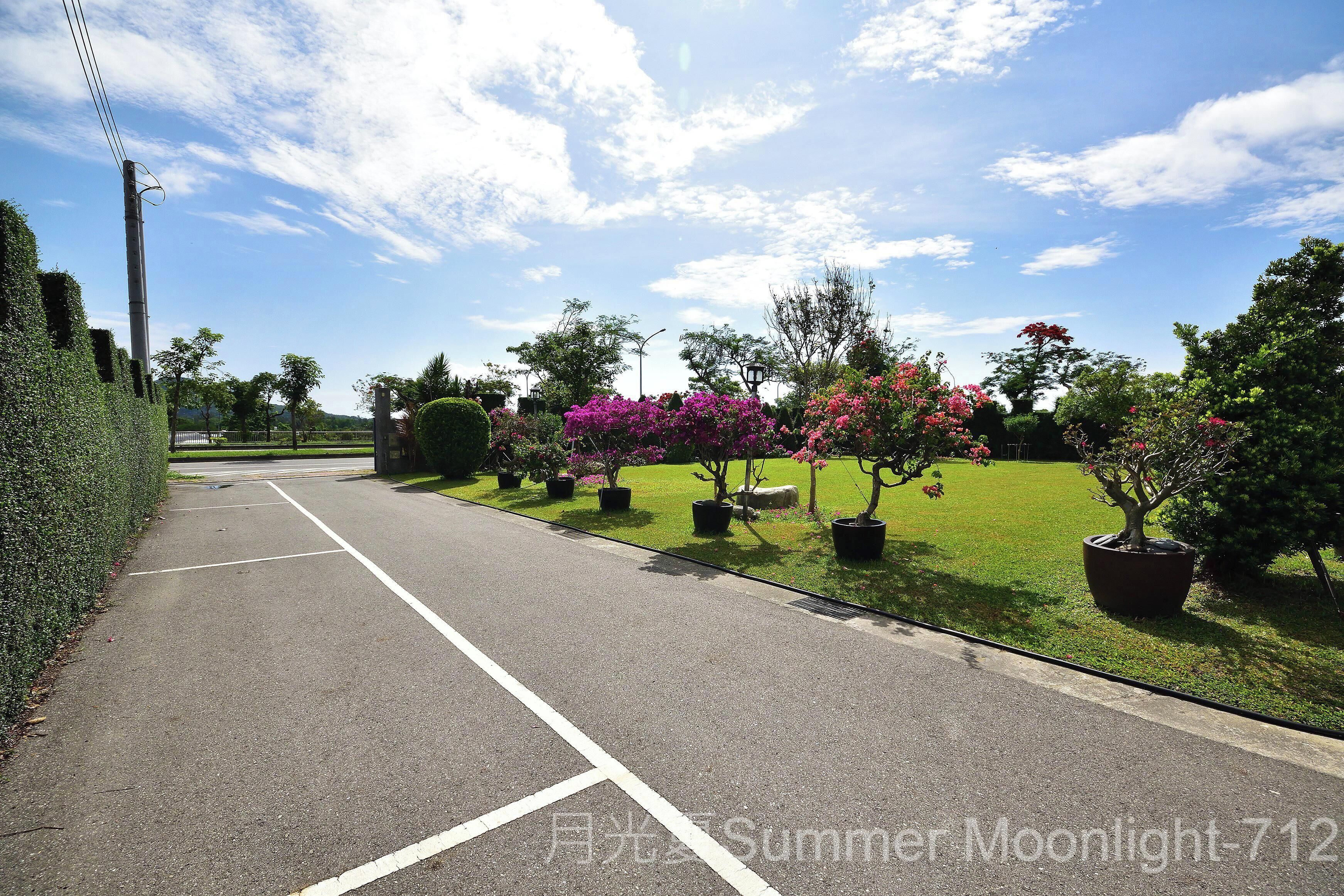 A quiet street lined with neatly trimmed hedges and flowering plants.