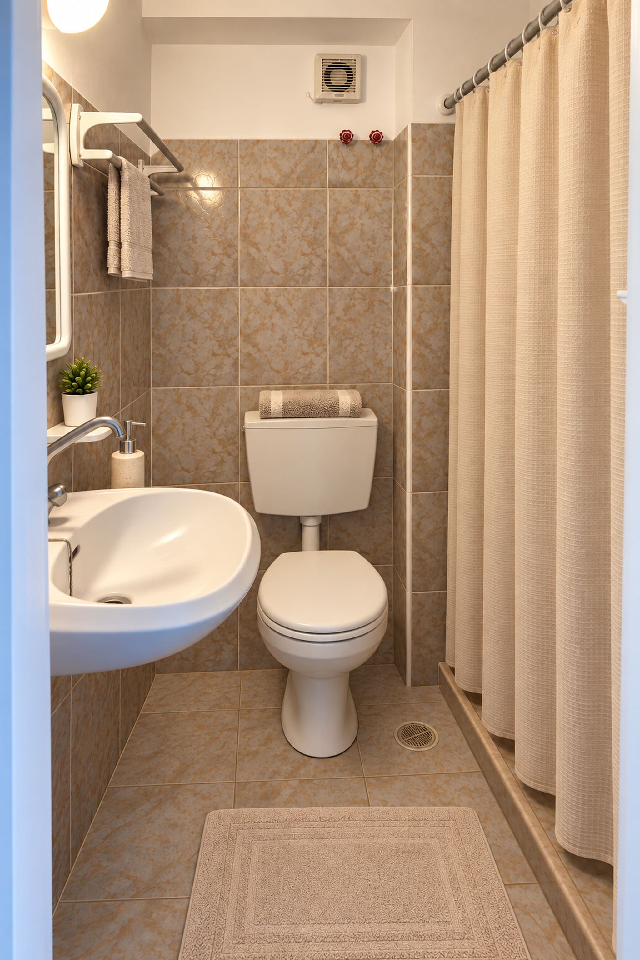 A bathroom with a white sink, toilet, and shower curtain.