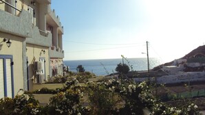A coastal residential area with buildings, a view of the sea, and flowering plants in the foreground. - Porto Castello (Santorini)