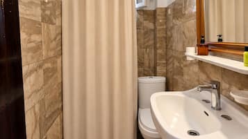 A bathroom with a shower curtain, toilet, sink, and mirror.