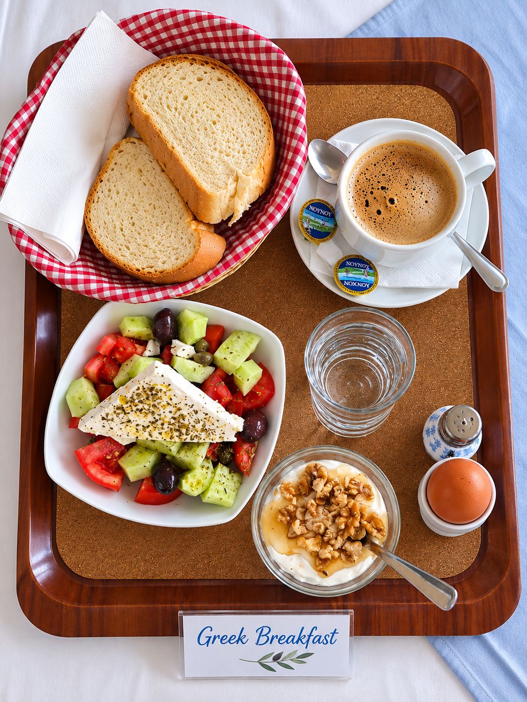 A tray with a Greek breakfast including bread, coffee, a salad with feta cheese, walnuts, and a boiled egg.
