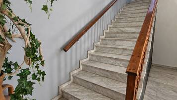 Una escalera de mármol con barandillas de madera, una planta en maceta y una pared con textura.
