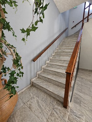 A marble staircase with wooden handrails, a potted plant, and a textured wall.