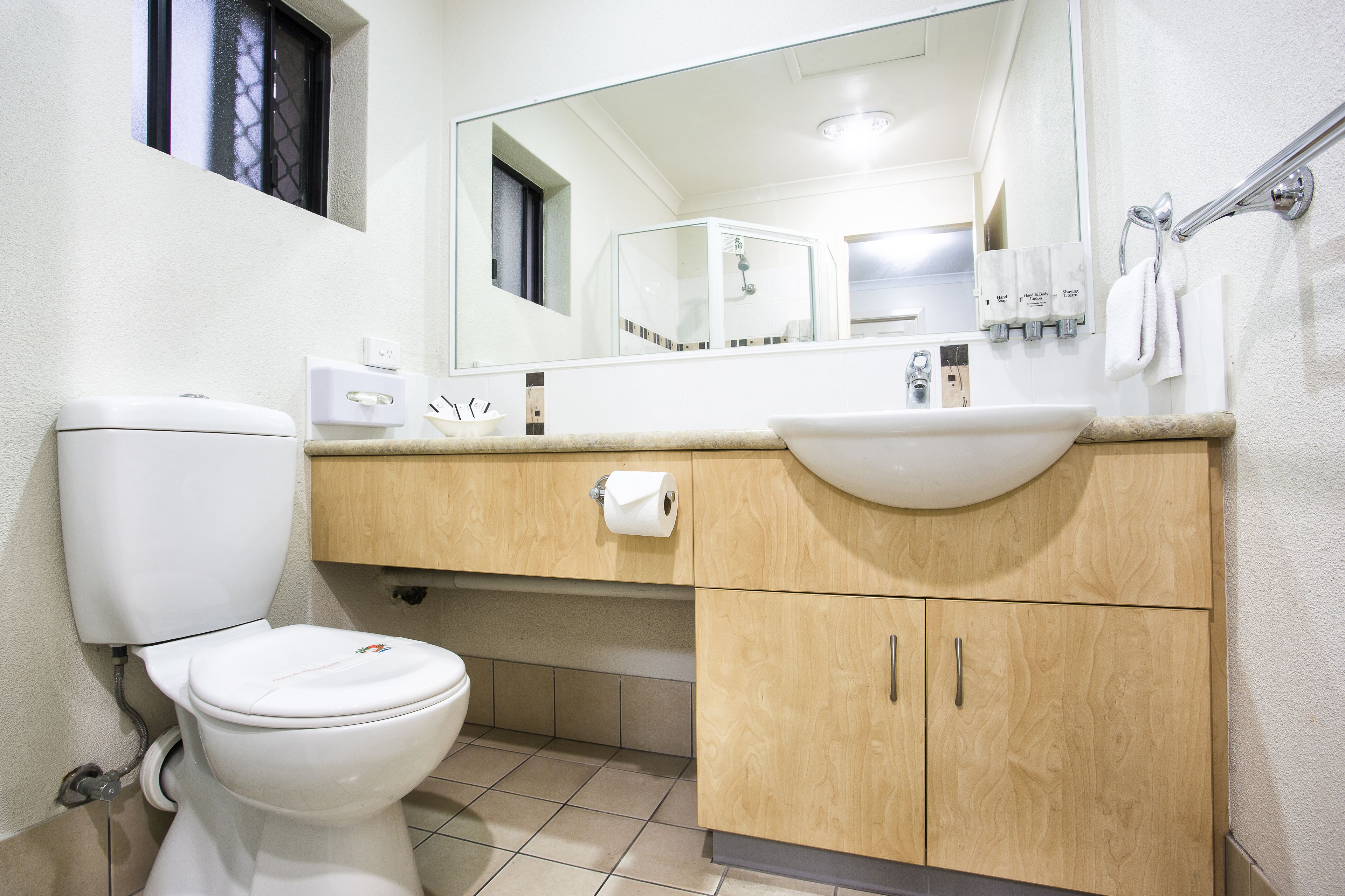 Une salle de bain équipée de toilettes, d’un lavabo, d’un miroir et de meubles en bois.