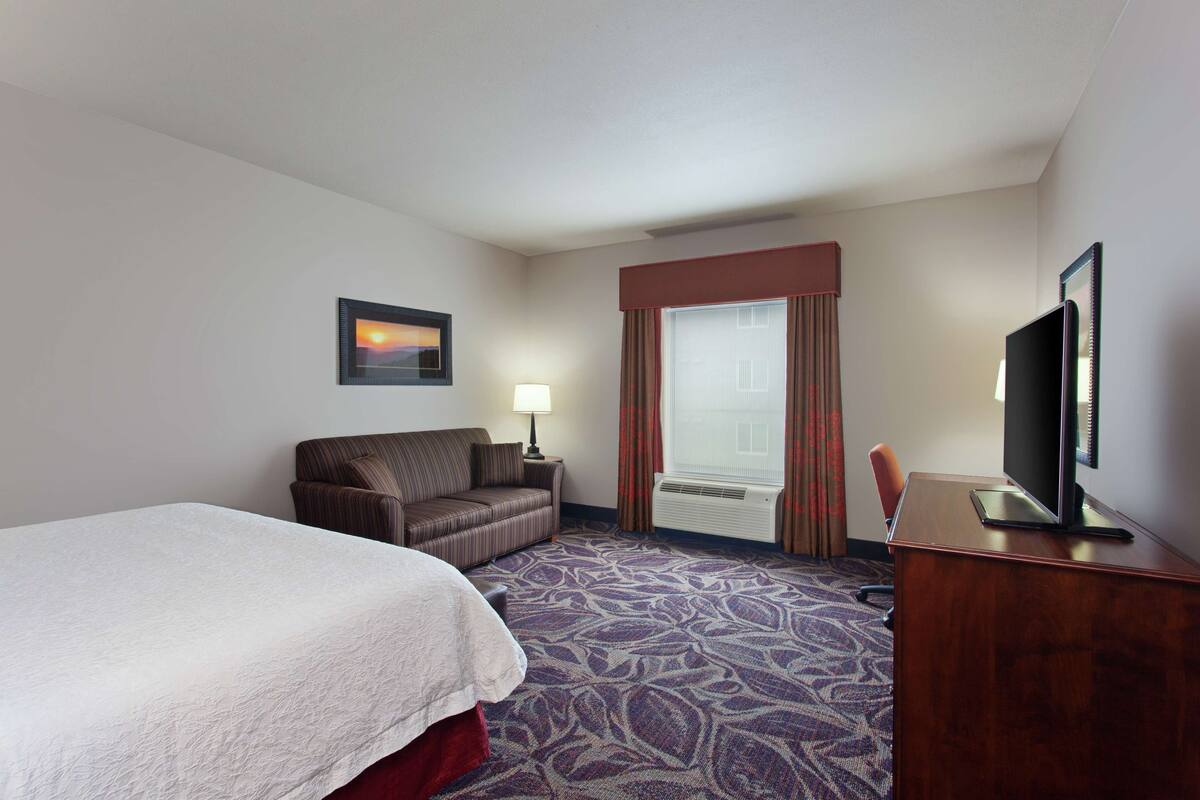 A hotel room with a bed, a sofa, a desk with a TV, a window with curtains, and a wall-mounted picture.