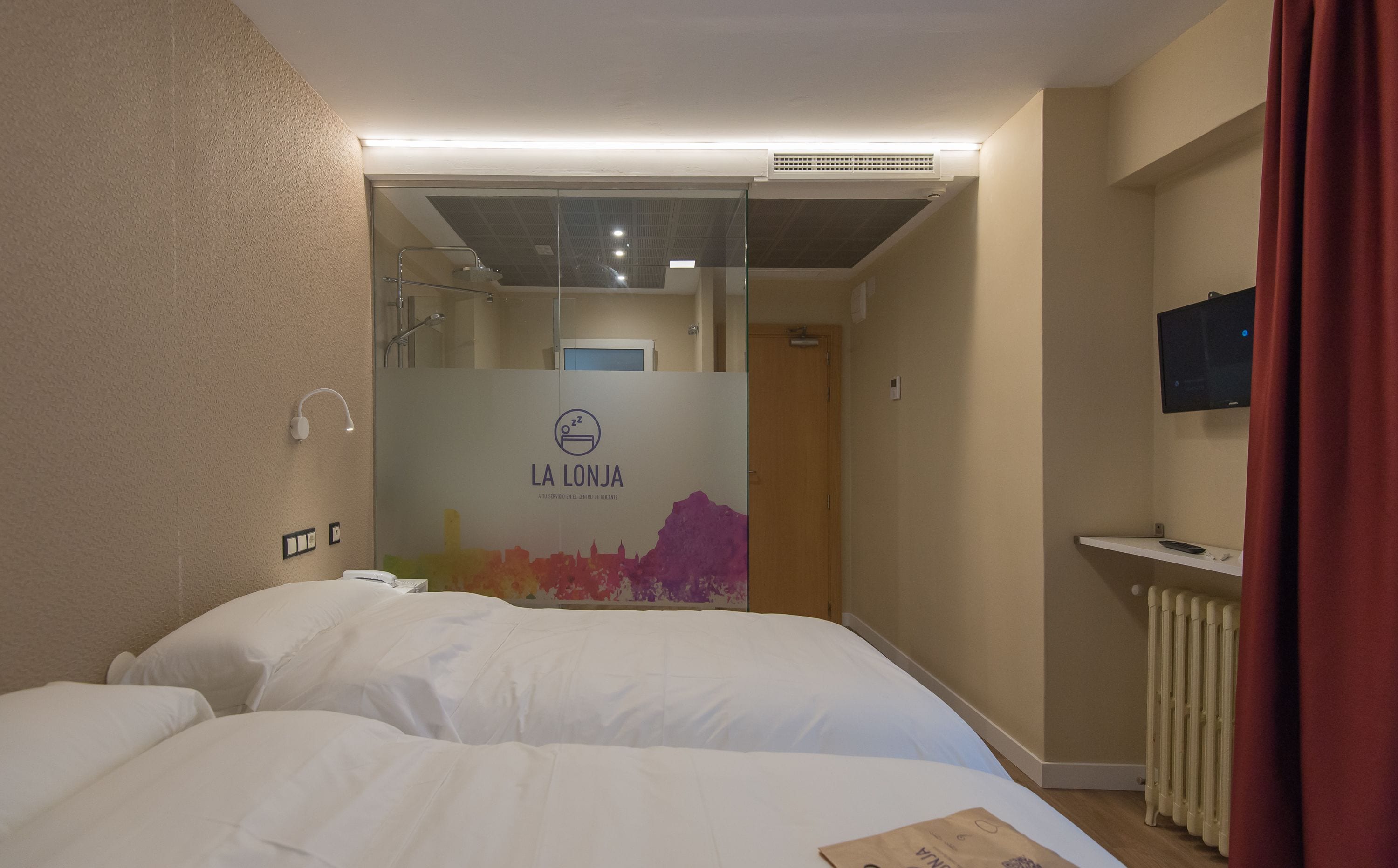 Una habitación de hotel con cama, zona de ducha, televisor y radiador.