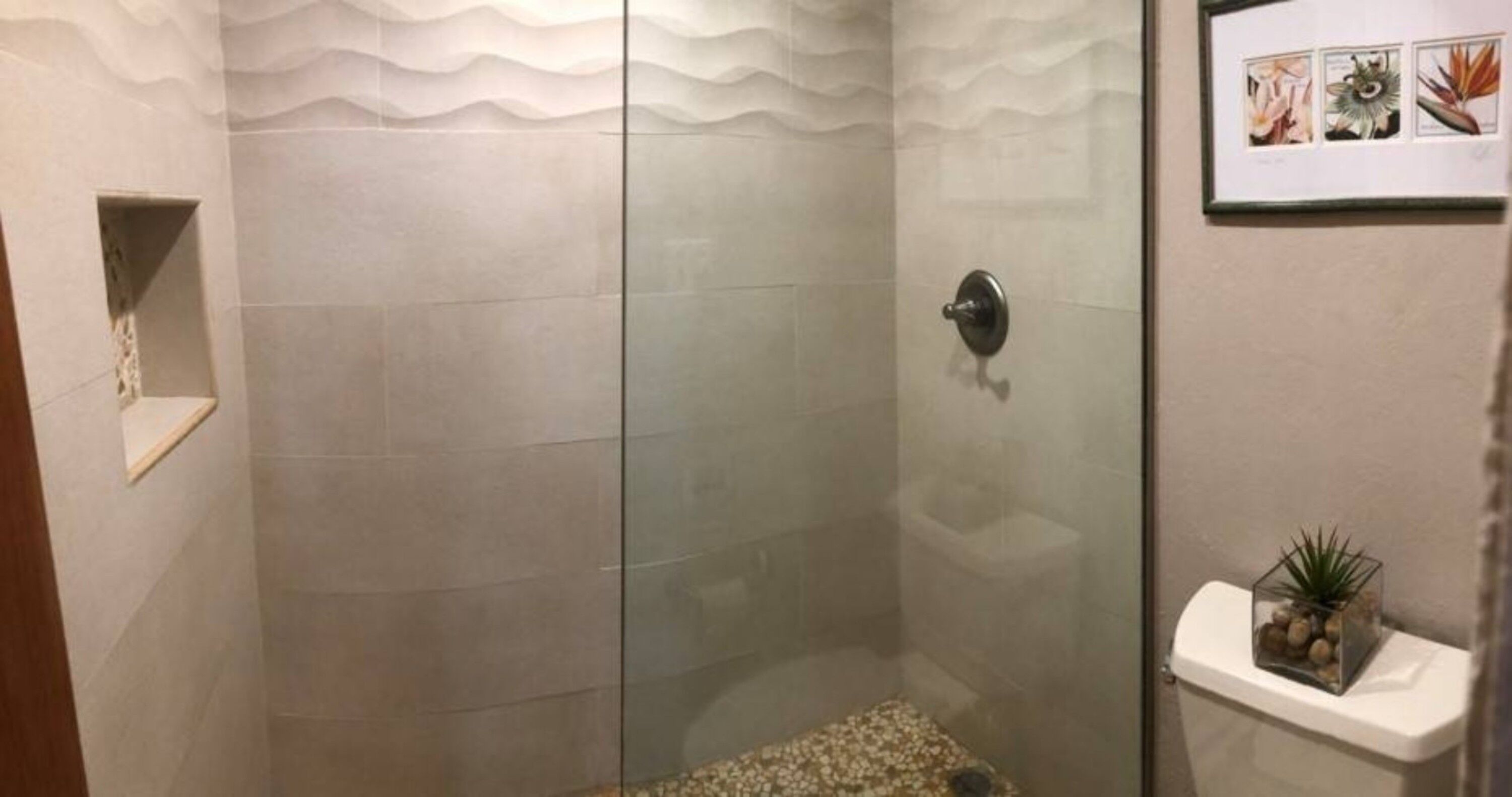Une douche avec une porte en verre, une petite étagère avec une plante et une illustration botanique encadrée au mur.