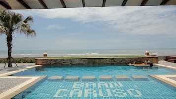 Outdoor pool, pool umbrellas, sun loungers
