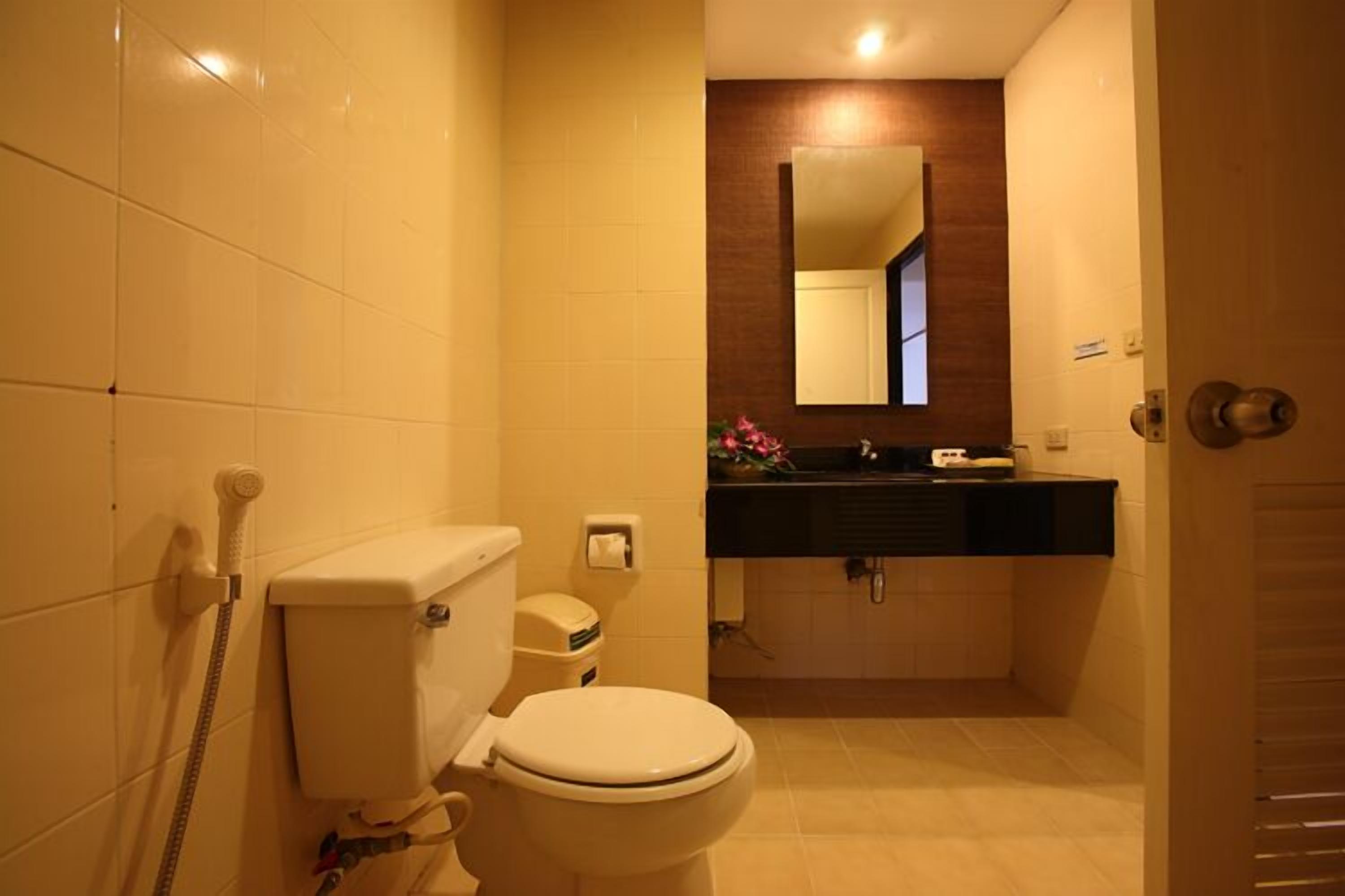 A bathroom with a toilet, a sink, and a mirror.
