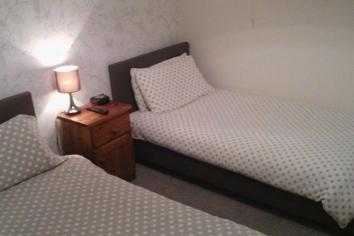 Un dormitorio con dos camas individuales, una mesita de noche con lámpara y control remoto, y un papel tapiz decorado.