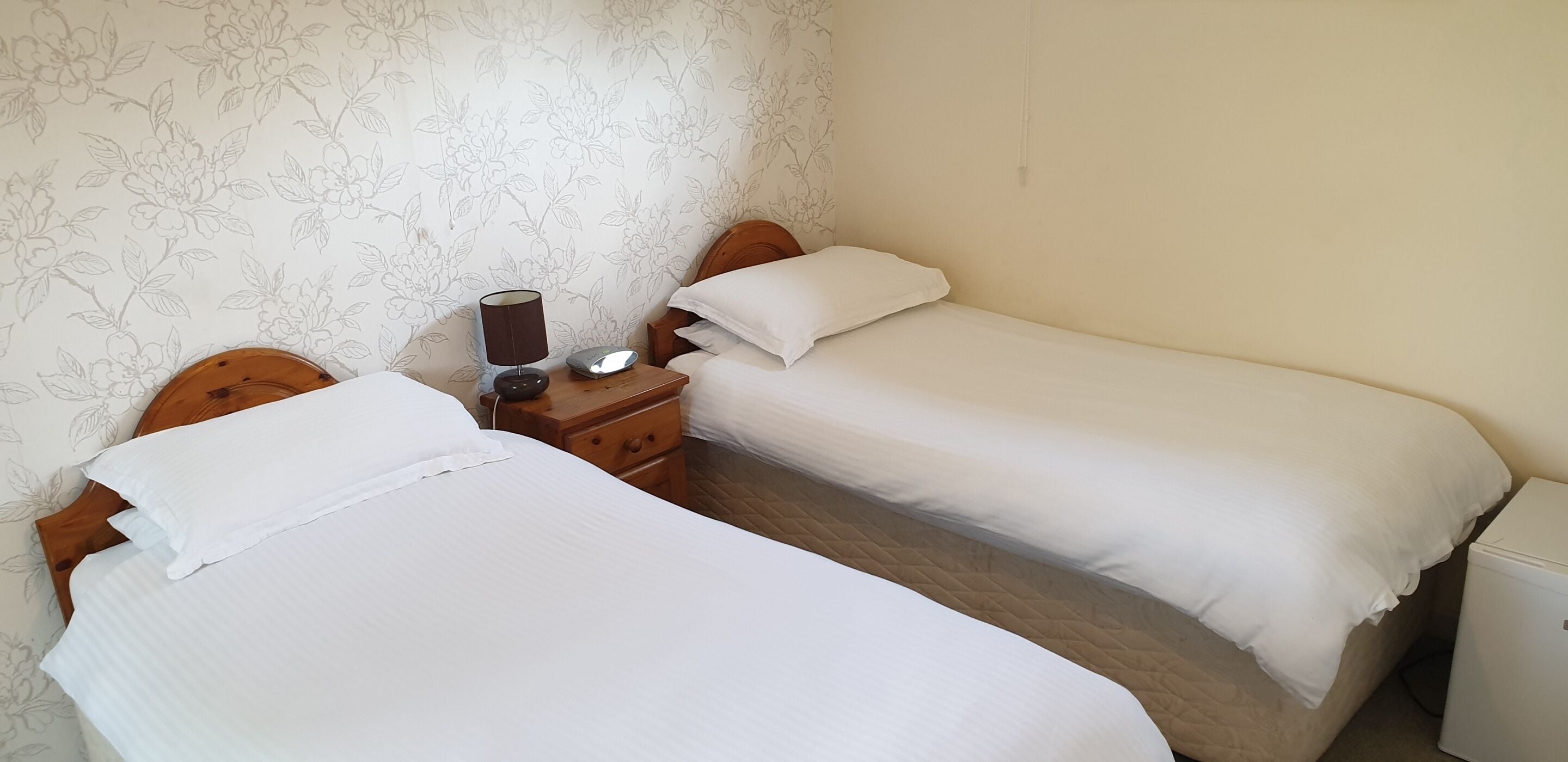 Two single beds with wooden headboards, a nightstand with a lamp and a small appliance, and floral wallpaper.